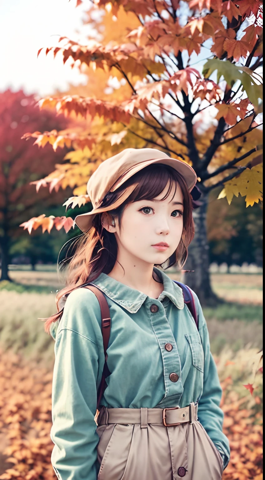 Image of a woman standing in a field next to a tree, 🍁 Cute, lofi girl aesthetic, Anime style mixed with Fujifilm, lofi aesthetics, Movie Lover, lofi color, Praise Artstyle, [ Realistic photography ], Photorealistic art style, Detailed scenery —width 672, Aesthetically pleasing film particles, Autumn colors, beginning of autumn