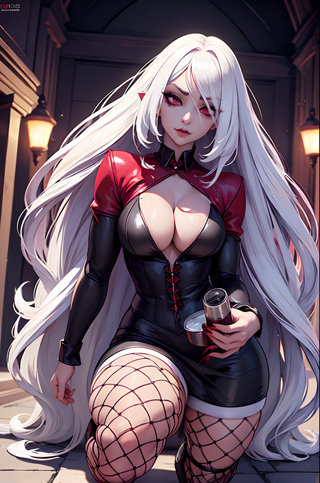 Vampire woman, vampire fangs, (blood on her chin), (white hair), (thick dress), (master piece), (on her knees), (bareback), (long hair), perfect body, (fishnets:1.3), (ultra realistic eyes), (detailed face), DSLR photography, sharp focus, Unreal Engine 5, Octane Render, Redshift, (cinematic lighting), 8K, RAW, unedited, symmetrical balance, in-frame, symmetrical face, symmetrical body, symmetric hands.