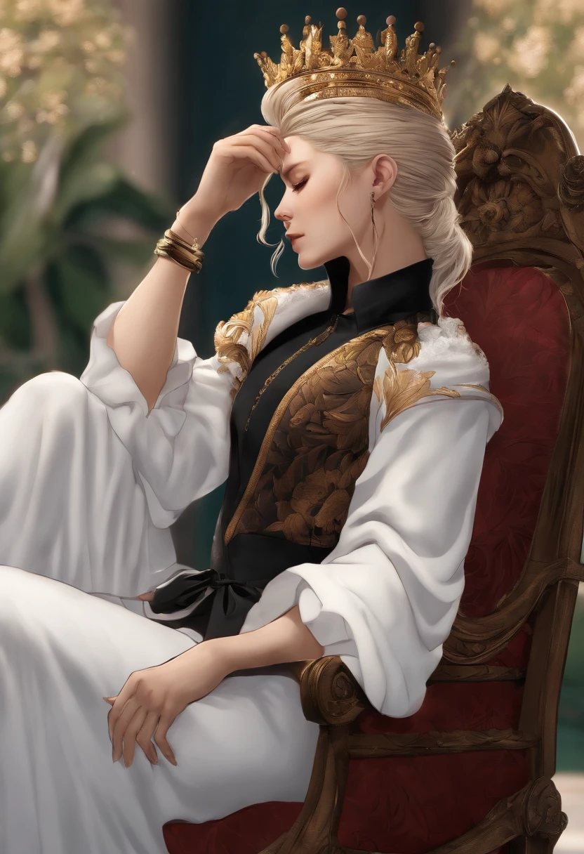 (Estilo Jujutsu Kaisen), (Linha Art 1.5), (1 mulher:1.3), ((Colouring)), Inglesa, vestes reais, crown on her head, cabelo vermelhos longos,(obra-prima, seated not royal throne, sorriso sensual,qualidade superior, melhor qualidade), Very detailed strokes, fundo extremamente detalhado, good composition, boa anatomia, perfect lighting, bom sombreamento, (realista:1.3),