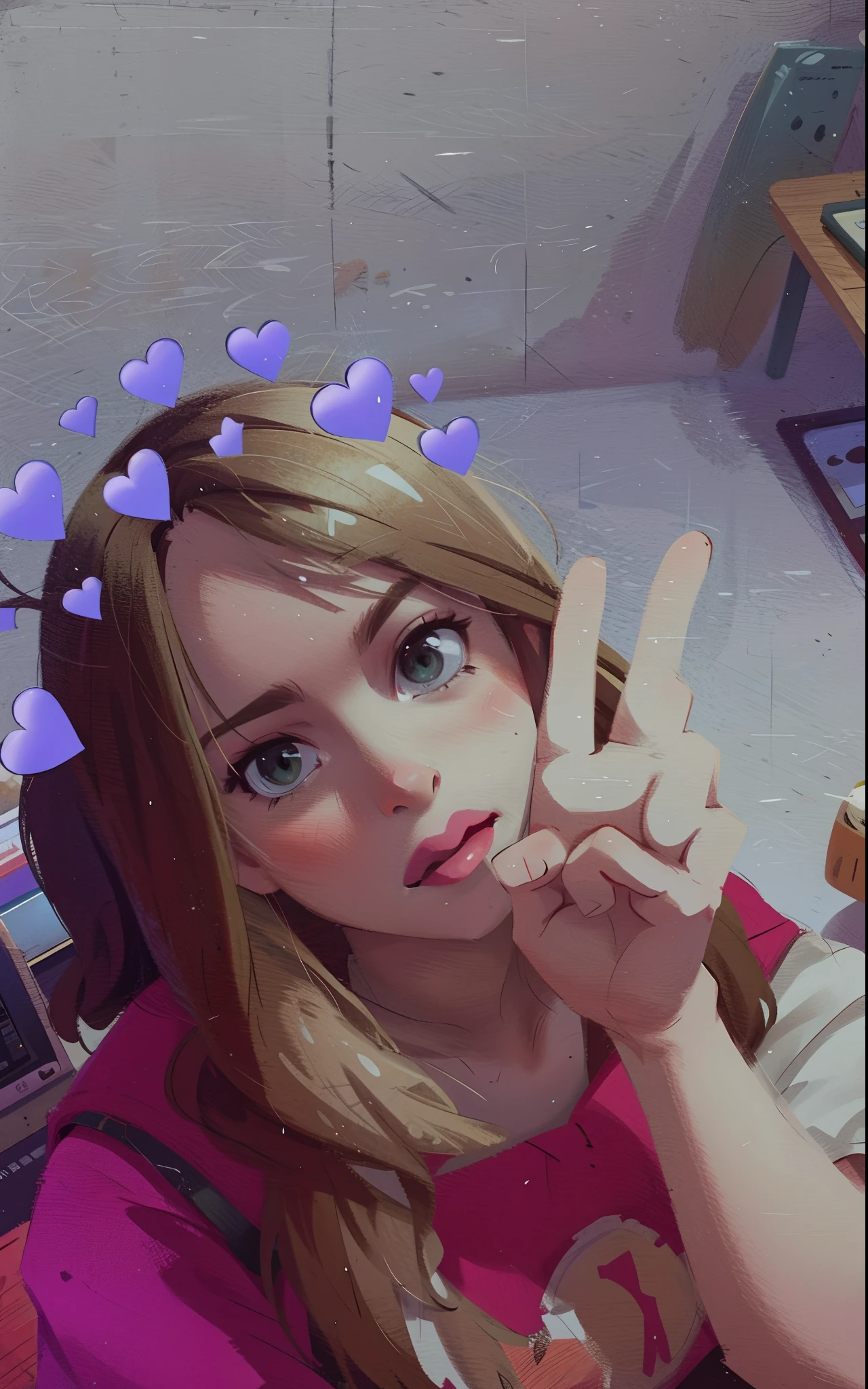 Girl in oversized clothes ,sitting at a table, customer service, consulting, holding laptop, Work in the office, sitting at a computer desk, Sitting in front of the keyboard, sitting in front of computer, sitting in front of computer, sitting in front of computer, Perched at Desk, Perched at Desk, Image, pretty, cartoon girl, long straight hair, brown hair, Green eyes,shot with canon eoa 6 d mark ii