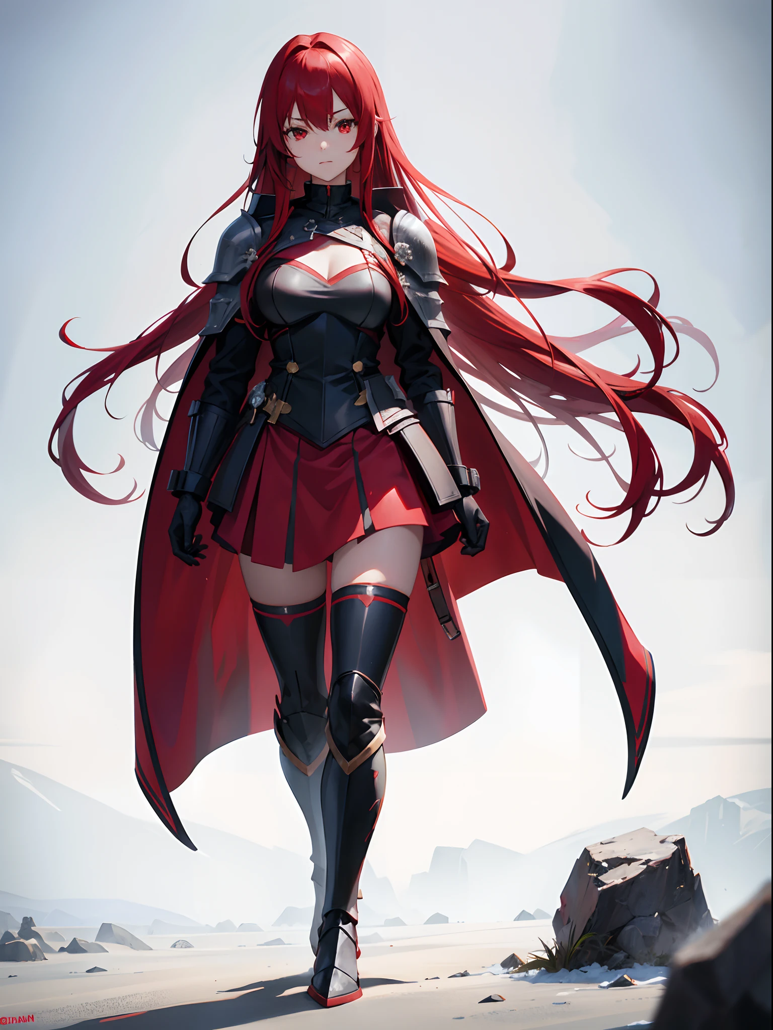 1girl, red hair, red eyes, extra long hair, red cape, collar, black knight armor, high boots, thighs, masterpiece, high res, ultrasharp, 8k