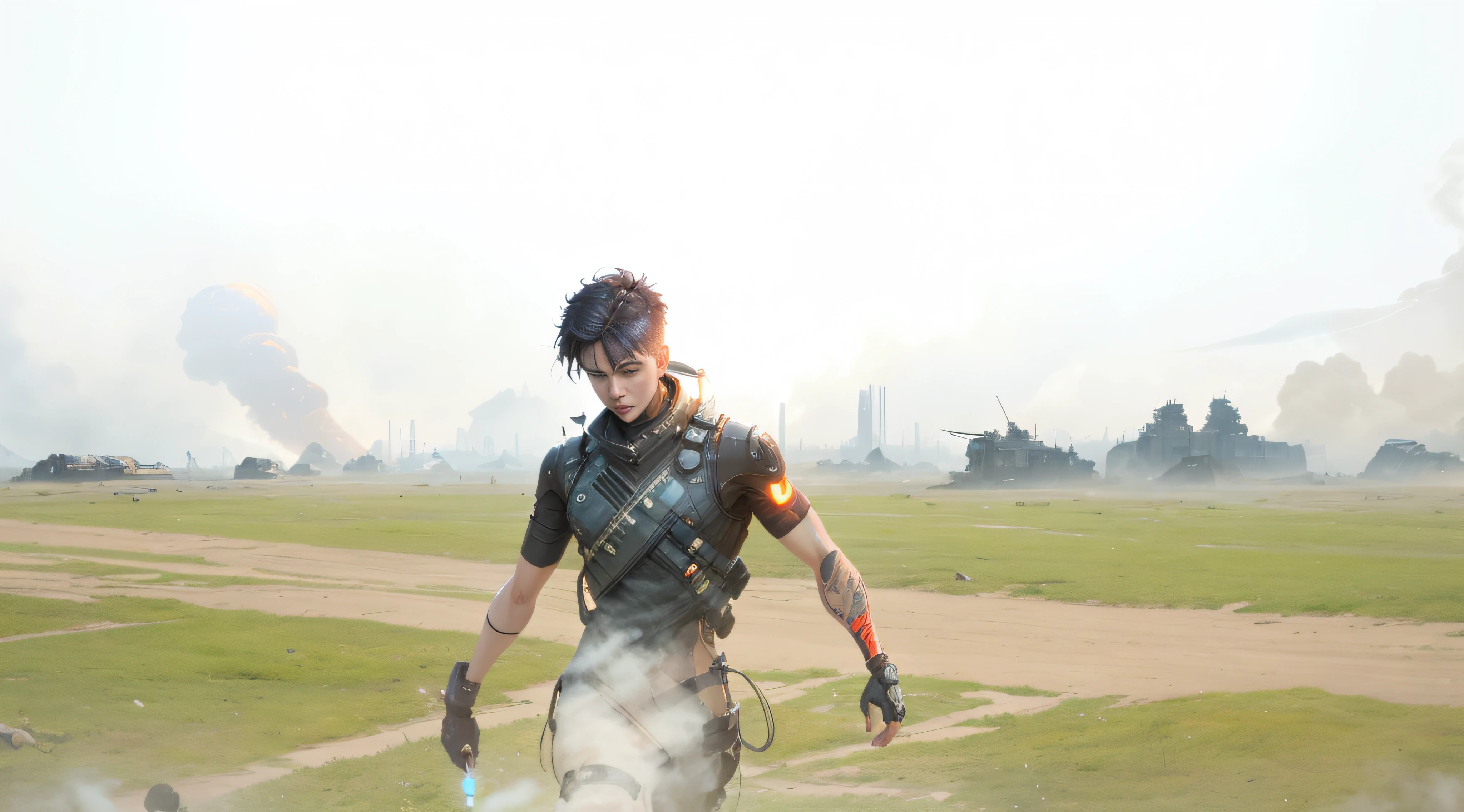 cypunk, futuristic, mechanic, dystopia, trending on artstaion, by greg rutkowski, 8k, boy, glowing eyes, smoke and fire, glowing power aura, dynamic view