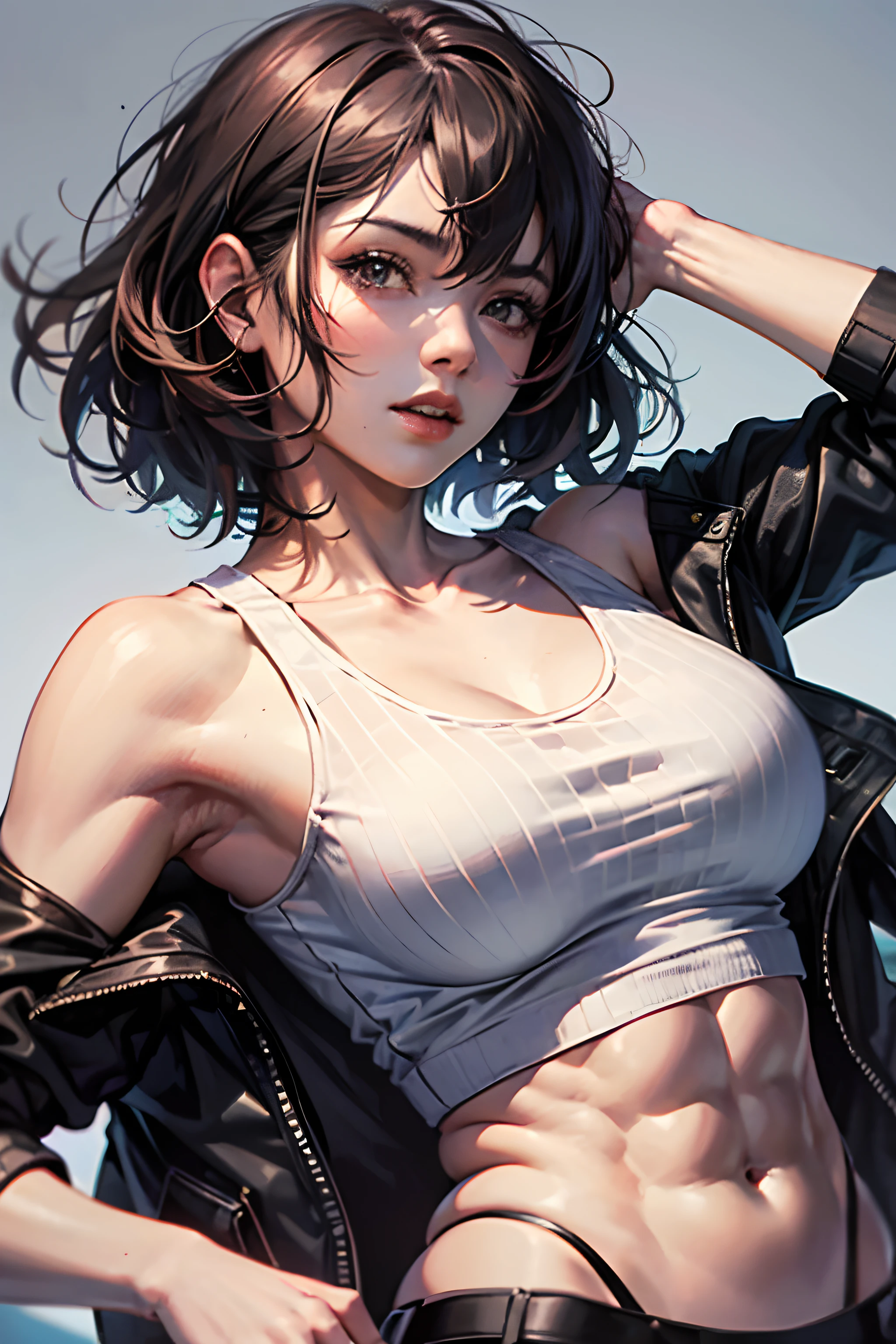 1girl, black hair, collarbone, black jacket, large breasts, looking at viewer, shirt, short hair, solo, tank top, upper body, white shirt, white tank top, showing abs, muscular female, --auto --s2