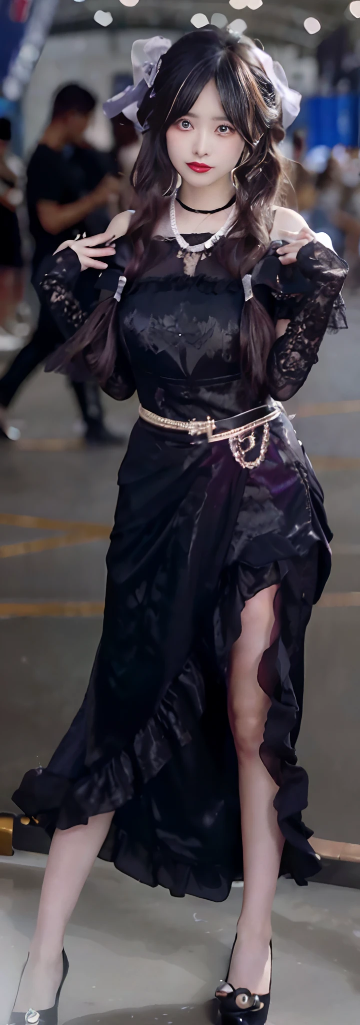 Close-up of a woman in a black dress and high heels, , dressed in long fluent skirt, Wearing Gorgeous Costume,