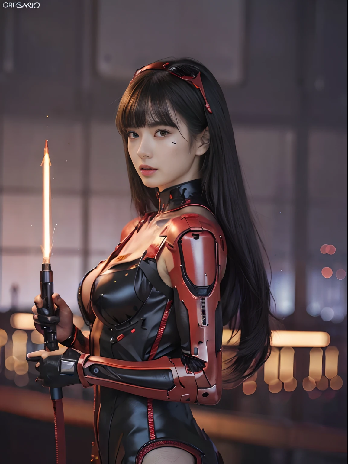 (Fight against mechanical robot soldiers)、top-quality、masterpiece、超A high resolution、(With a futuristic machine gun、holding knive),(Wearing a futuristic hat)、(Photorealsitic:1.4)、Raw photo、1人、Black hair、glowy skin、((1 Mechanical Girl))、((super realistic details))、portlate、(Mystical expression)、explosions、Particles of light、(Small LED lamp)、Wire tubes that glow all over the body、(With state-of-the-art weapons),globalillumination、Shadow、octan render、8K、Armpit、ultrasharp、Colossal tits、Small LED lamp、Raw skin is exposed in cleavage、metals、blood vessels connected to tubes、With weapons、Red bodysuit、Armpit、Cyberpunk city background、Details of complex ornaments、Japan details、highly intricate detail、Realistic light、CGSoation Trends、Blue eyes、radiant eyes、Facing the camera、neon details、(Tattoo numbers on the face)、Mechanical limbs、blood vessels connected to tubes、Mechanical vertebrae attached to the back、mechanical cervical attaching to neck、Wires and cables connecting to the head、Gundam、Small LED lamp、Toostock、Toostock、Futuristic machine gun、Knives、(Red Metallic Bodysuit),