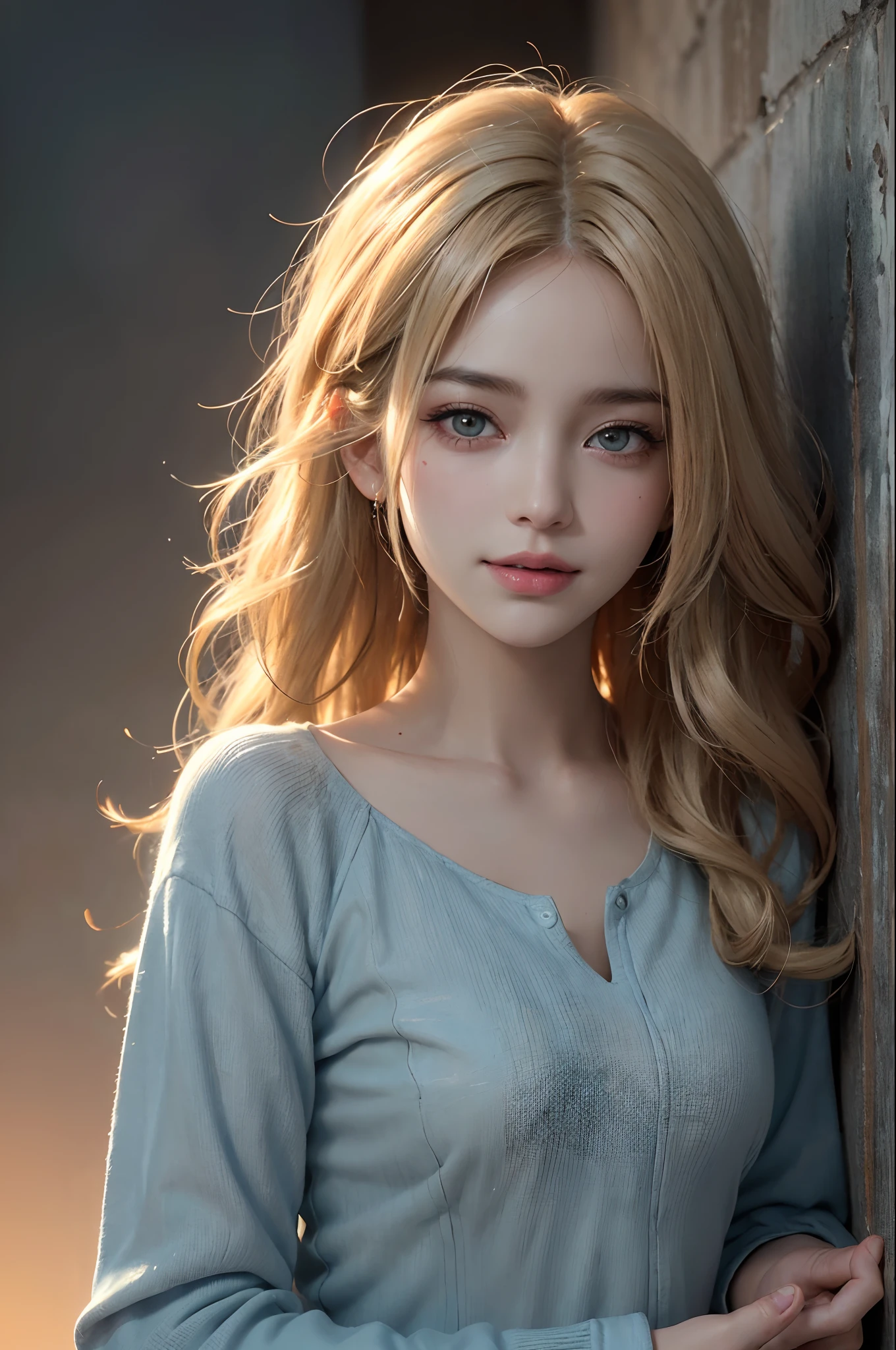 (ultra realisic), (Resolution Enhancement), (8K), (Extremely detailed), (beautiful-detailed eyes), (Best Quality), (The ultra-detailliert), (Masterpiece ), ( wall paper), (Detailed face),a blond, Wavy hair,(hi-top fade:1.3), (Smiling broadly, bright look), dark theme, soothing tones, muted colors, High contrast, (Natural skin texture, hyperrealism, Soft light, edgy),exposure blend, medium shot, Bokeh, (HDR:1.4), High contrast, (films, teal and orange:0.85), (muted colors, faded colors, soothing tones:1.3), Low saturation, (hyperdetailed:1.2), (black:0.4)