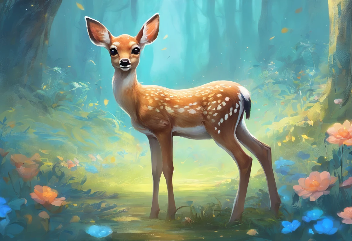 Masterpiece, best quality, 8k, high detail, hyper-detail, a cute fawn, light blue with holographic ornate designs, light blue and gold tetradic colors, approaching perfection