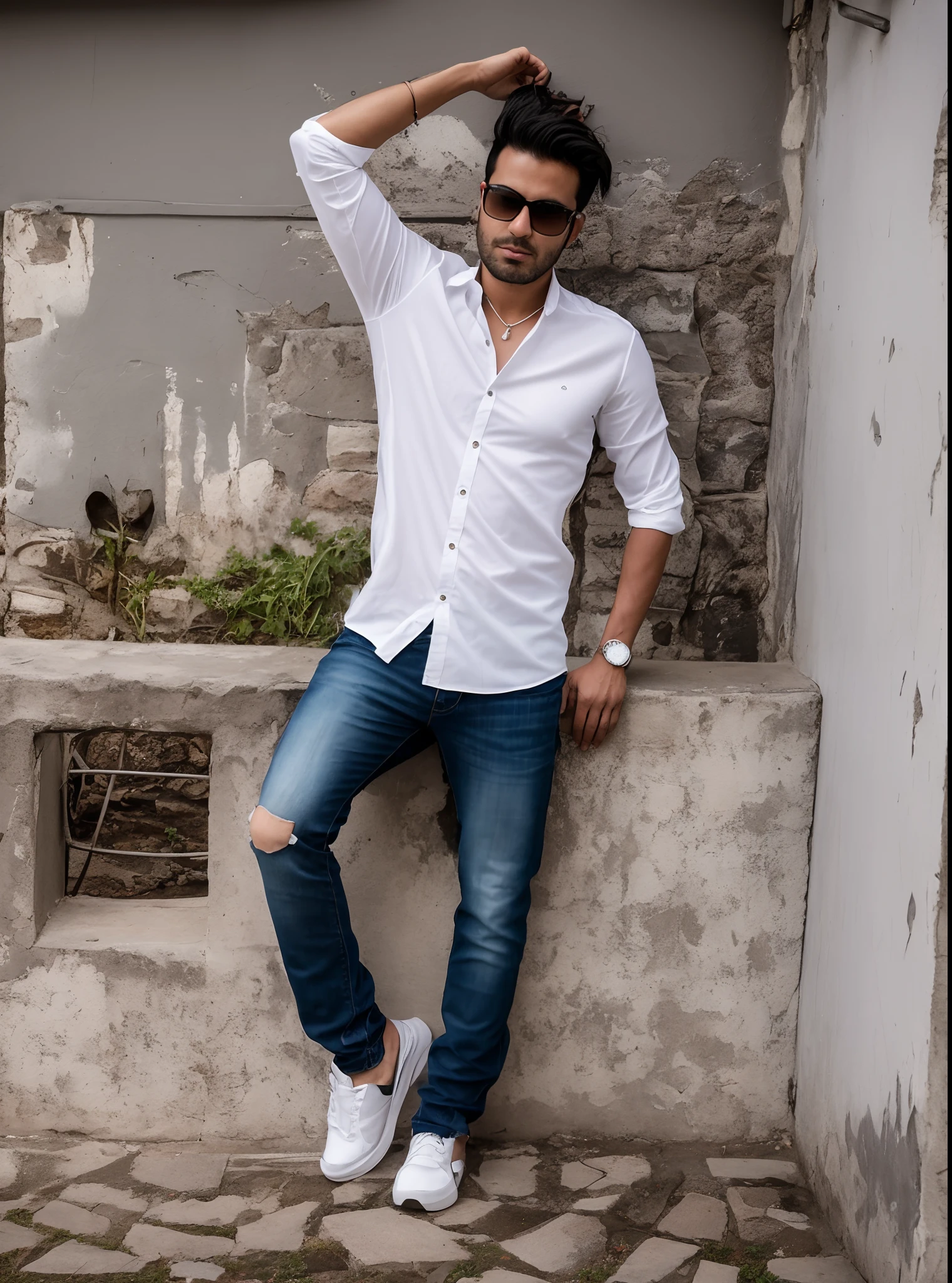 arafed man leaning against a wall with his hands on his head, with a cool pose, stylish pose, very artistic pose, wearing a white shirt and jeans, cool pose, full body photogenic shot, very cool pose, menacing pose, full body model, full pose, in a menacing pose, full body photgraph