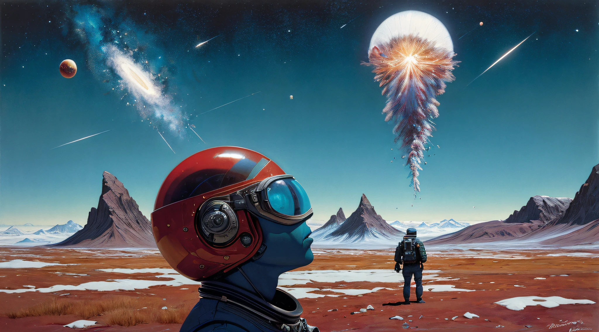 "realistic detailed image of an cosmonaut alone in the tundra in the style of Francis Bacon, Surreal, Norman Rockwell and James Jean, Greg Hildebrandt, and Mark Brooks, triadic color scheme, By Greg Rutkowski, in the style of Francis Bacon and Syd Mead and Edward Hopper and Norman Rockwell and Beksinski, open ceiling, highly detailed, painted by Francis Bacon, painted by James Gilleard, surrealism, airbrush, Ilya Kuvshinov, WLOP, Stanley Artgerm, very coherent, art by Takato Yamamoto and James Jean"
abstract dream, space, intricate, grand scale, alone, cinematic film still, insane detail, sharp focus, depth of field, realistic lighting, (realistic perspective), complex, (multiple subjects), 4k HDR,