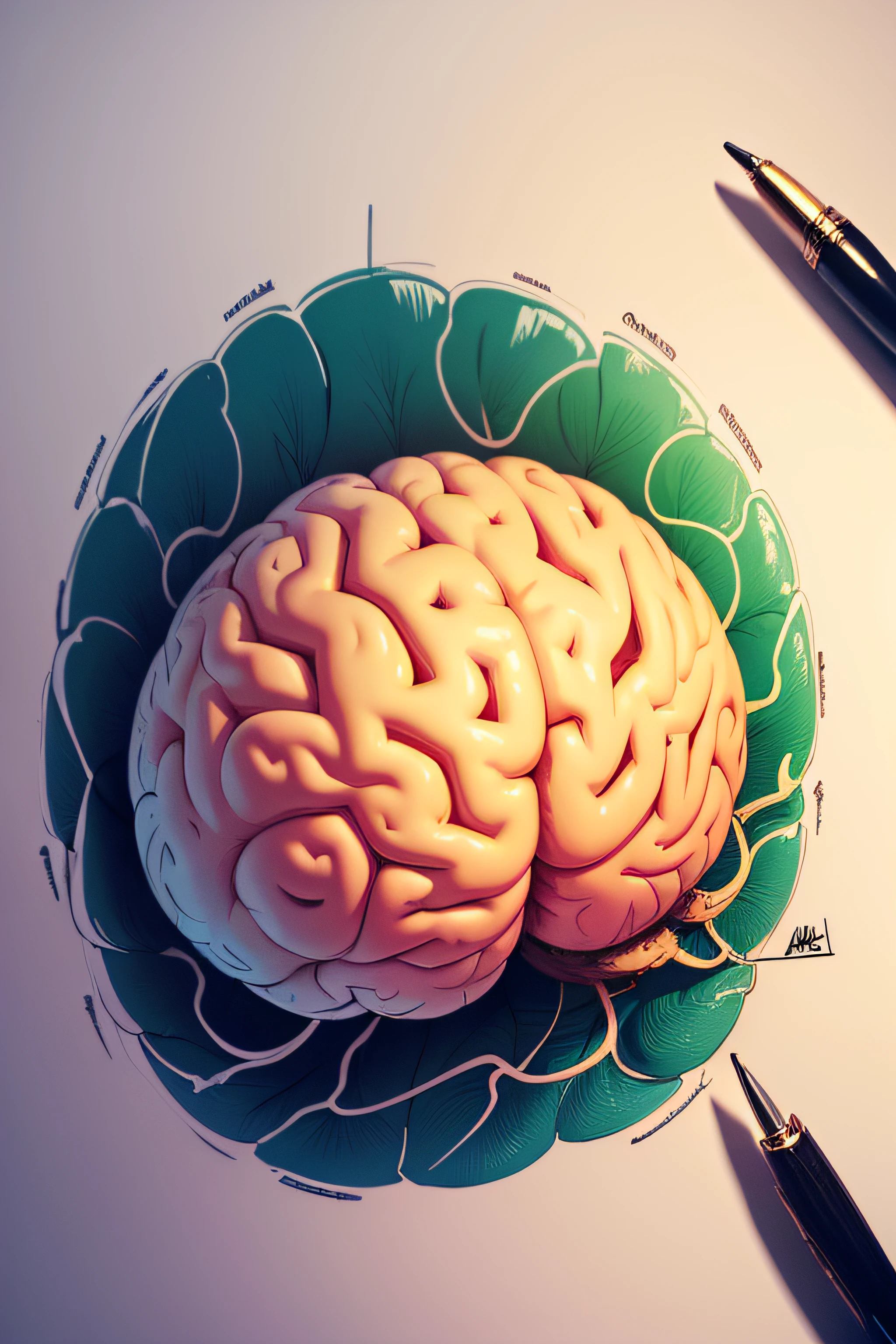 Brain seen from above, illustration, orange tones, 