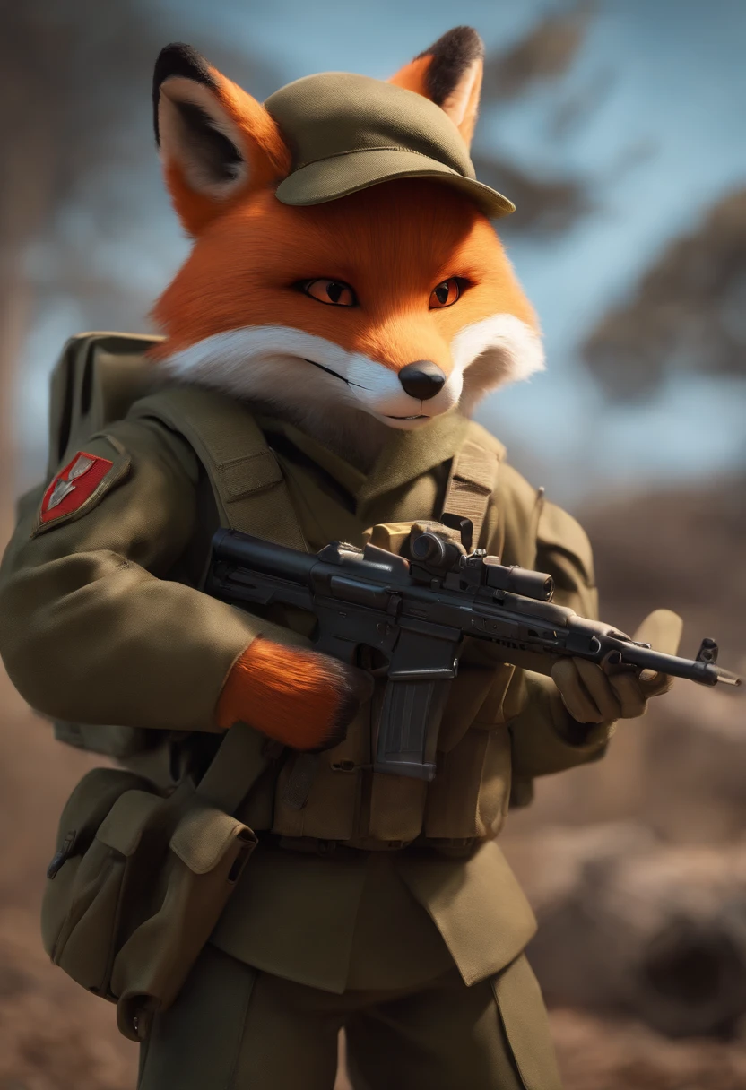 color, Fox Ear, red eyes, wearing military outfit, holding gun SS-2, military camp, absurdres, high res, ultrasharp, 8k, materpiece, looking at viewer