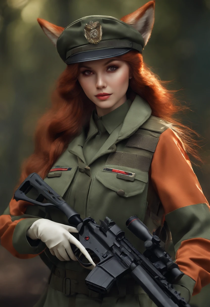 color, Fox Ear, red eyes, wearing military outfit, holding gun SS-2, military camp, absurdres, high res, ultrasharp, 8k, materpiece, looking at viewer