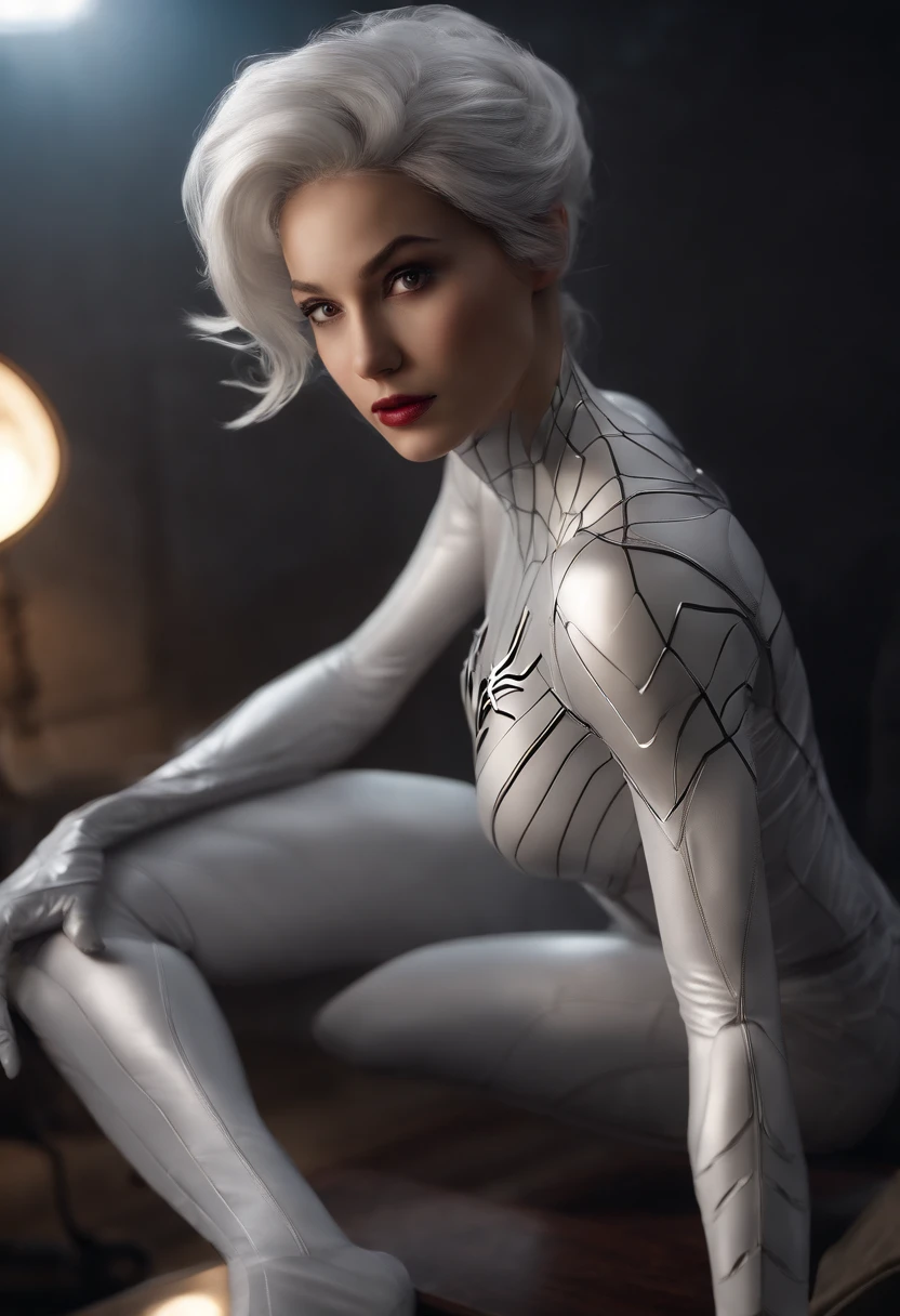 (Extreme Detail CG Unity 8K wallpaper, masutepiece, Highest Quality), (exquisite lighting and shadow, highly dramatic picture, Cinematic lens effect), A girl in a white Spider-Man costume, Silver-gray hair color, From the Spider-Man parallel universe, Wenger, Marvel, spider-man, Sitting on the couch, Dynamic Pose), (excellent details, Outstanding lighting, Wide Angle), (Excellent rendering, Enough to stand out in its class), Focus on the white Spider-Man costume, Complex spider textures, Perfect composition