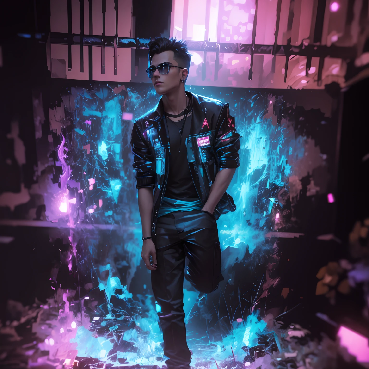 Change background cyberpunk handsome boy, realistic face, 8k, ultra realistic