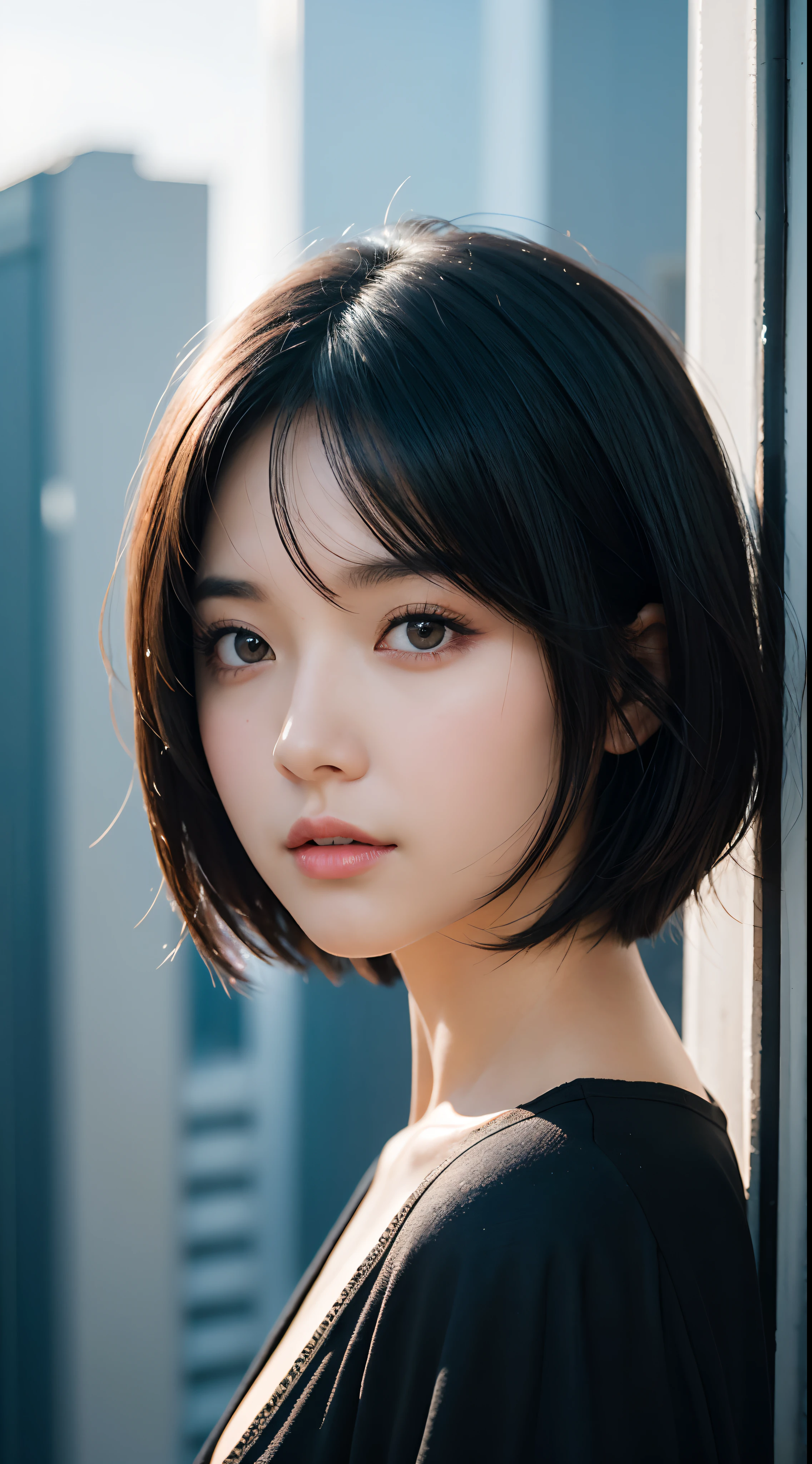 (High resolution:1.3), (16k, Photorealistic, Raw photo, Best image quality: 1.4), Japanese, (One Girl), Beautiful Face, (A vivid face), (Black-haired、short hair:1.3), Beautiful Hairstyles, Realistic eyes, Beautifully detailed eyes, (Realistic Skin), Beautiful skins, attractive, 超A high resolution, Surreal, High detail, Golden Ratio, Highly detailed cute girl,(20-year-old),  Tokyo、Omotesando、Daytime、(Many passers-by:2.0), ((Milk slice))