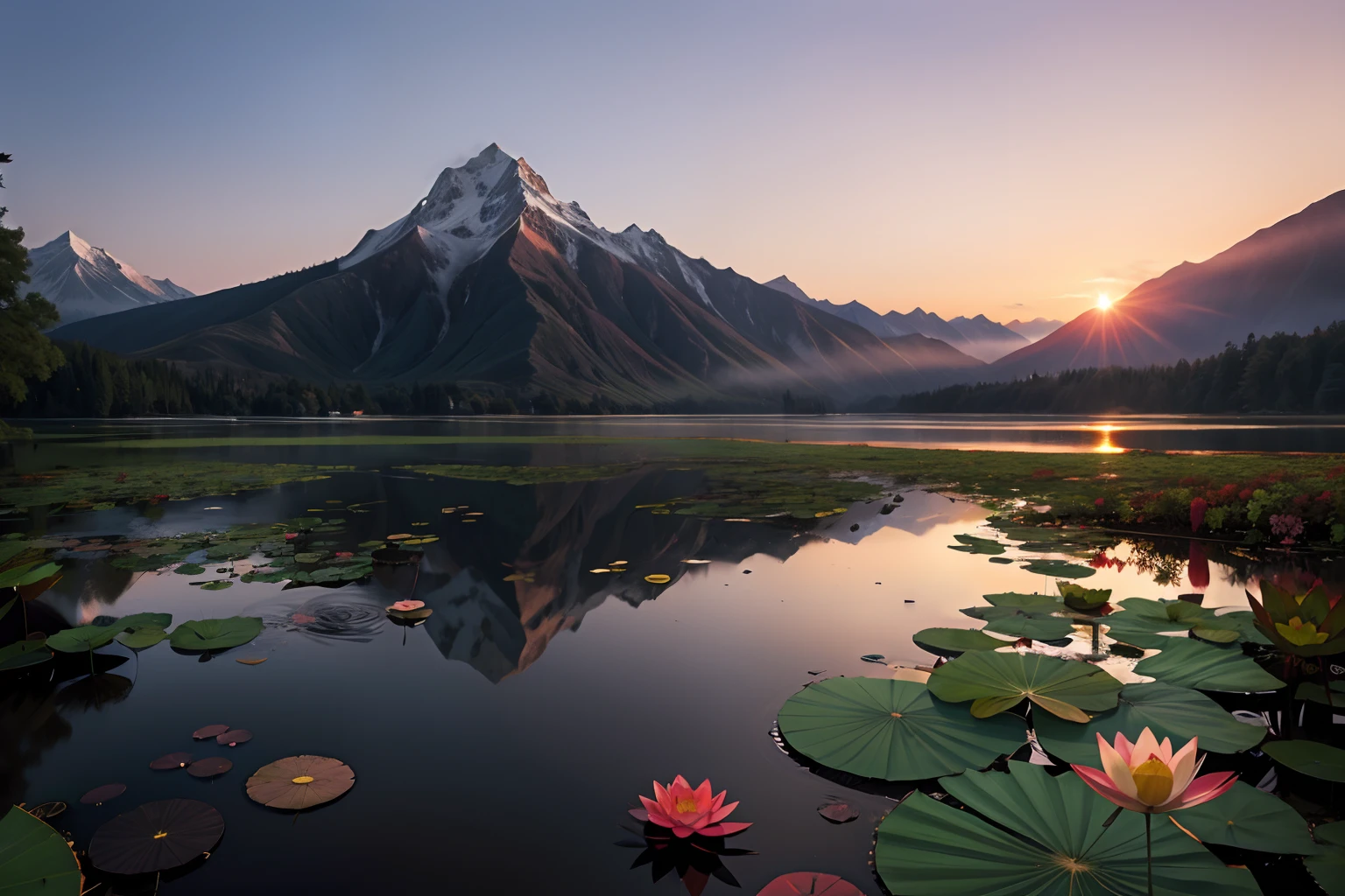 (tmasterpiece,best qualtiy:1.2),Red maple forest,Lotus leaf,lotuses,Distant mountains,Sunset Dusk,The composition is minimalist,exteriors,UHD resolution,realisticlying,Very realistic