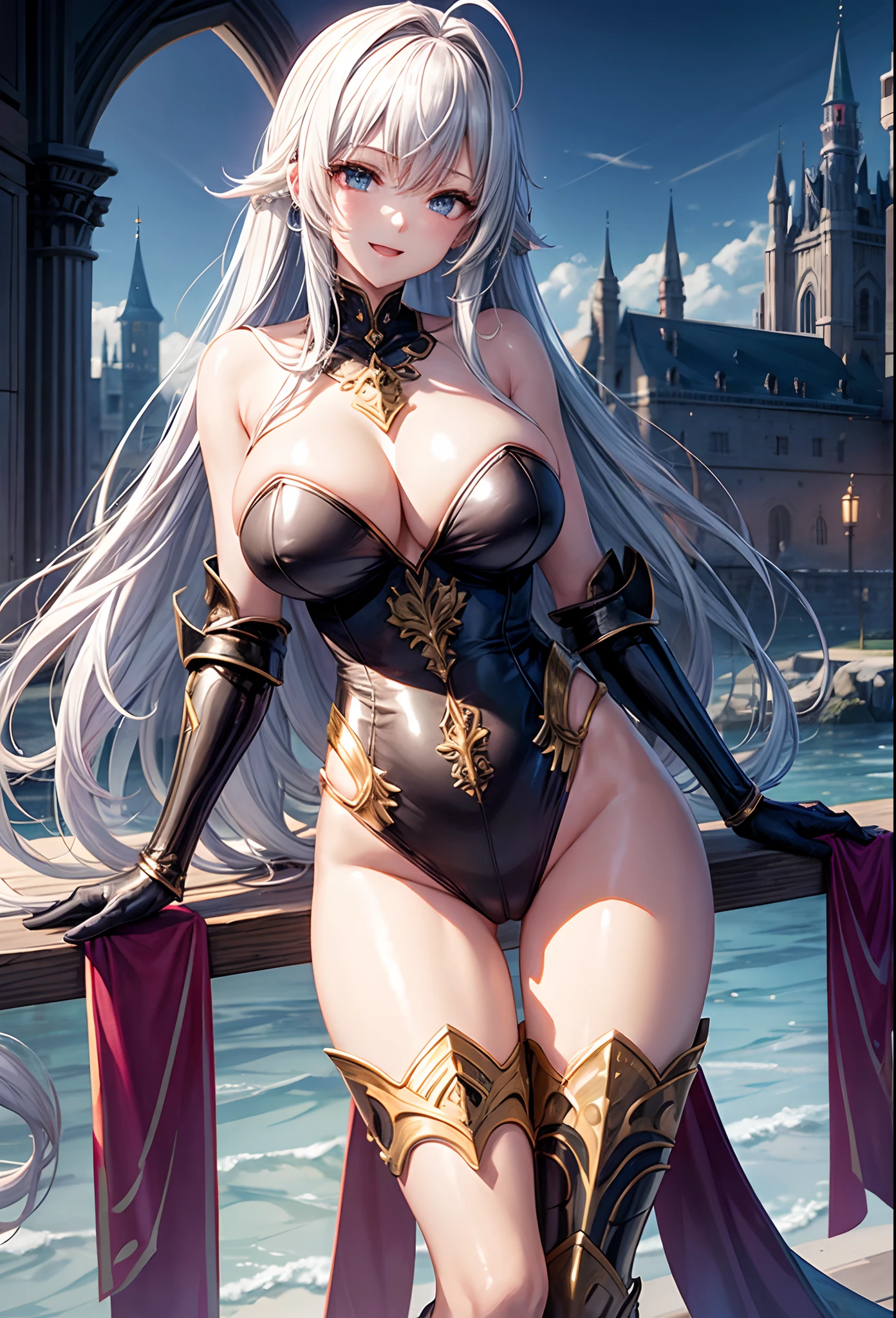 Woman knight、a beauty girl、huge tit、Excellent style、Nice Buddy、glamorous、leotard、s Armor、Bra chest armor、knee boots、gauntlets、hair adornments、silber hair、Longhaire、Ahoge、a medieval castle、is standing、full body seen、Outside the castle、Night view、a smile、slightly open mouth、Perched、legs crossed