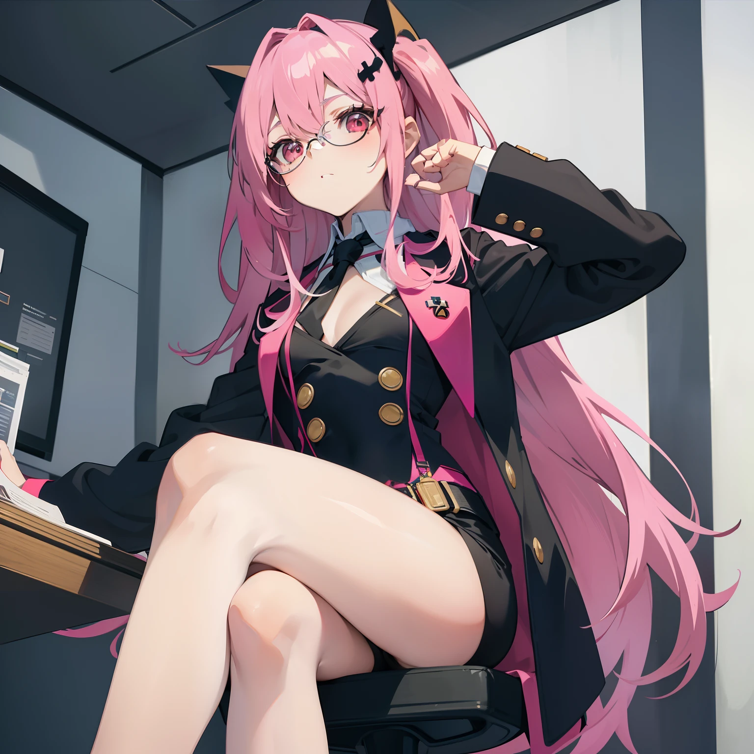 (Masterpiece), Best Quality, expressive eyes, a perfect face, 1girl, solo, pink hair, red eyes, flatt chest, office clothes, white shirt, black jacket, unbuttoned blazer, black necktie, pencil skirt, black tights, transparent tights, black shoes, Cross-legged, Sitting in Office Chair, in the office, eyeglasses,