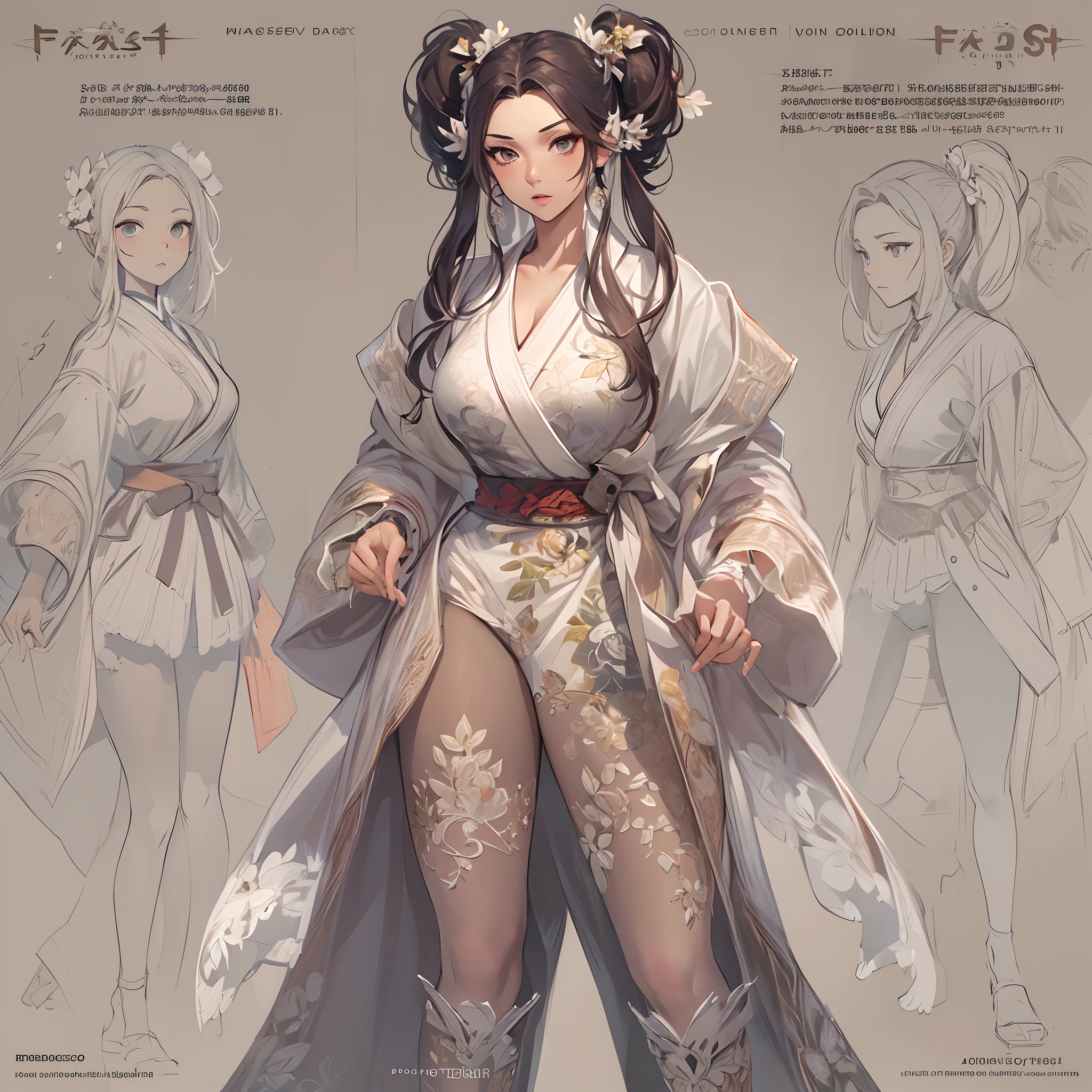 ((Masterpiece, Highest quality)), Detailed face, CharacterDesignSheet, full bodyesbian, Full of details, Multiple poses and expressions, Highly detailed, Depth, Many parts,Martial arts girl,double-ponytail,estilo fantasia,Extremely beautiful,High Balance, Natural light, Lace,lacepantyhose,Sunny décor