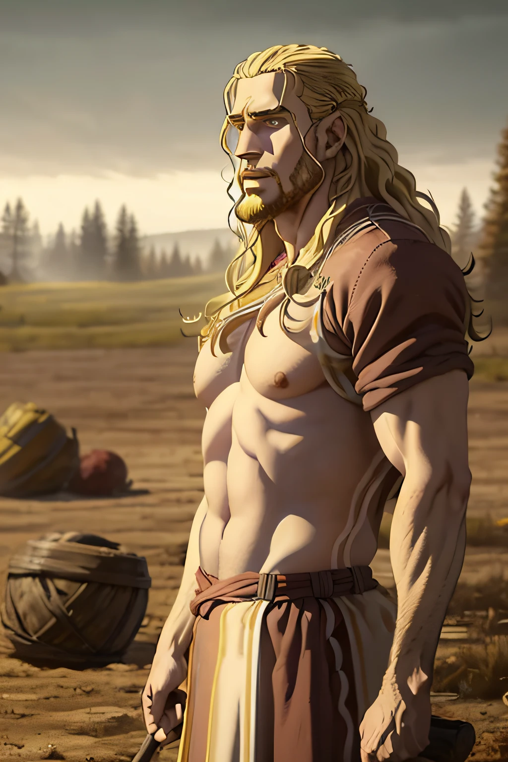 6'5 tall and handsome viking who got curly yellow hair and 2 headed war axe looking to camera angry