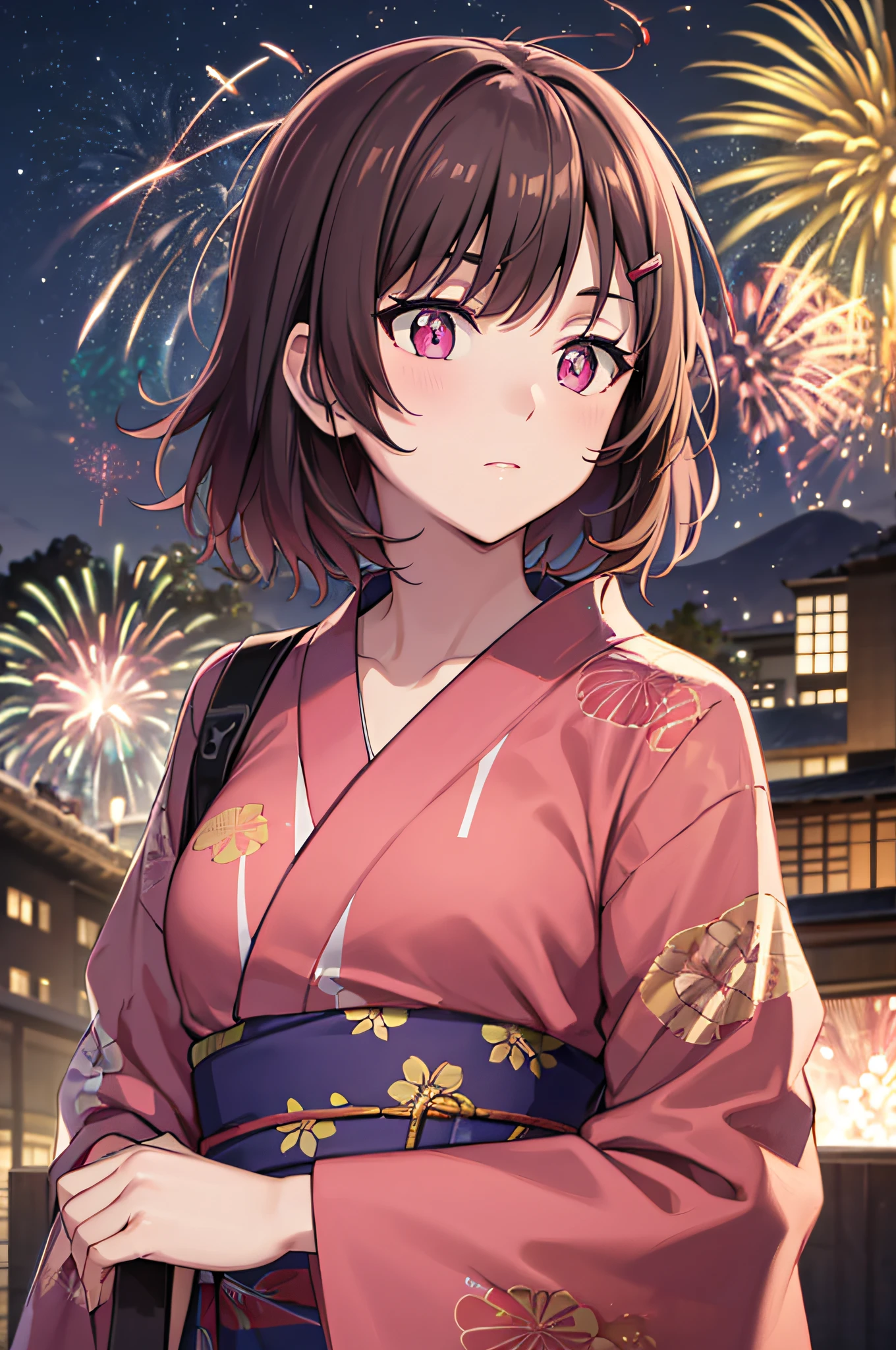 Mass Piece, Top image quality, High resolution, Ultra-high resolution, depth of fields, Short hair, Brown hair, Pink eyes, (Hairpin), Yukata, (Fireworks in the sky), nigh sky, Standing