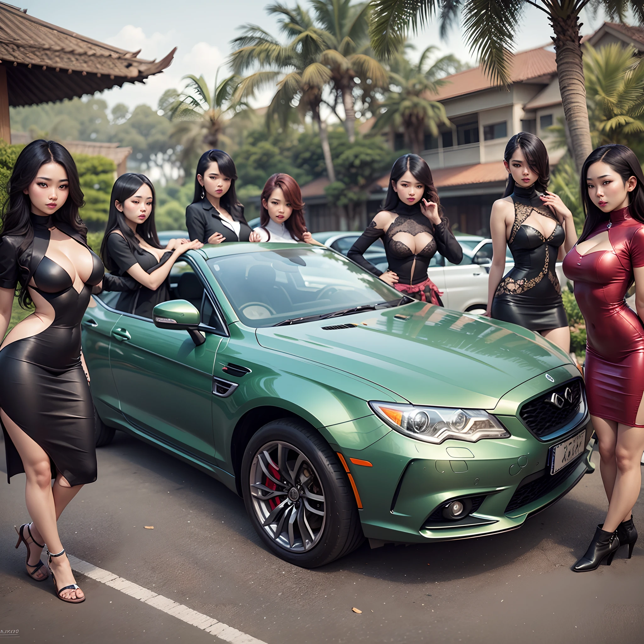 beautiful Indonesian girls with curvy body gathered around the car --auto --s2