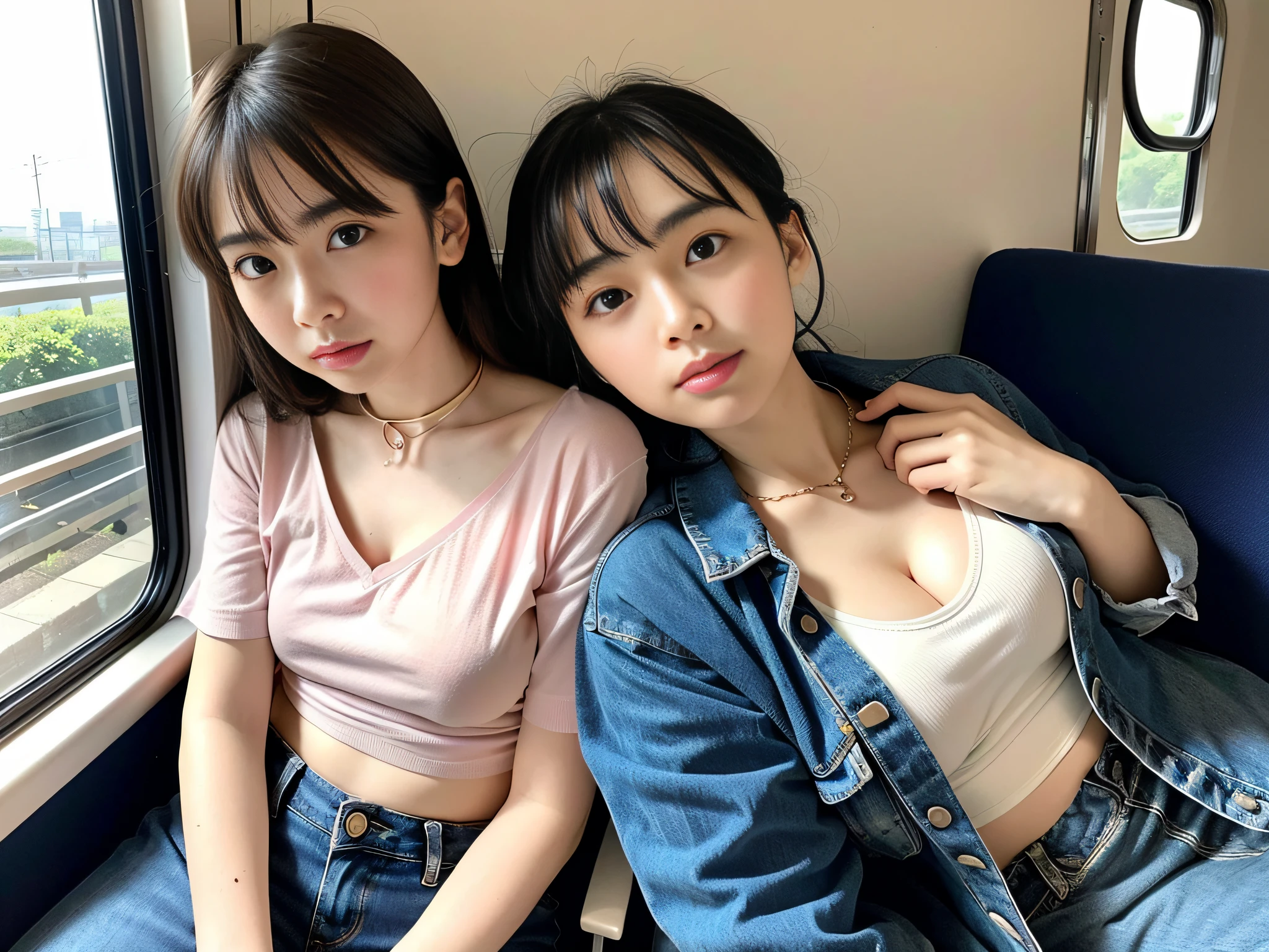 high-level image quality、realphoto、Cute little girl s、sitting in the train seat、While bowing、Kamimei、Chest chiller、Pull the collar forward with your fingers、You can see from the chest chiller to the stomach、 large boob、 are not visible、Deep Down Blouse、oversize tshirt、japanes、13years、off shoulders、No bra、wide々and size、Composition looking down、high-angle shot