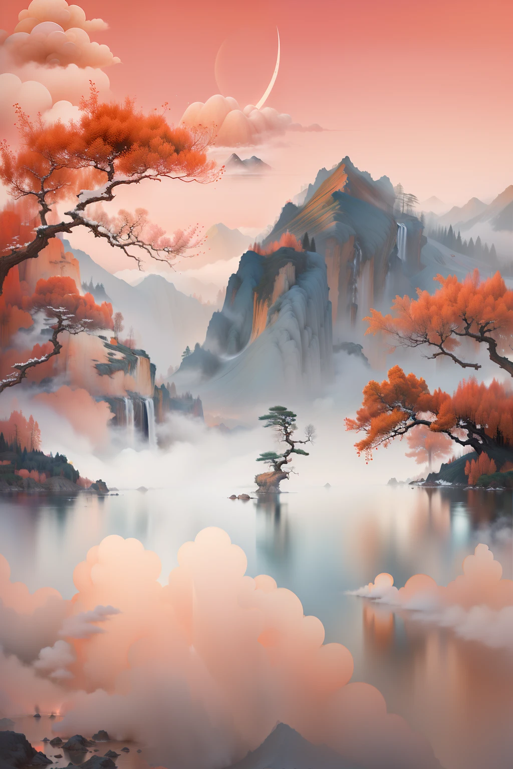 ((Masterpiece)),((Best quality)),((High- sharpness)),((Realistic,)) Chinese landscape ,closeup view,Mist ,Heavy fog,Lakes and waves,tree,snow mountains,Reflection,Minimalism,zen aesthetic,Zen composition,Chinese landscape painting,4K((Masterpiece)),((Best quality)),((High- sharpness)), ((Utra Sharp:1.4)), Clear background ,John Bowson，Backlight,Tyndall effect,A bird, Sparkling lake , Pink octane rendering science fiction, New Moon, Red sky, Gradient background