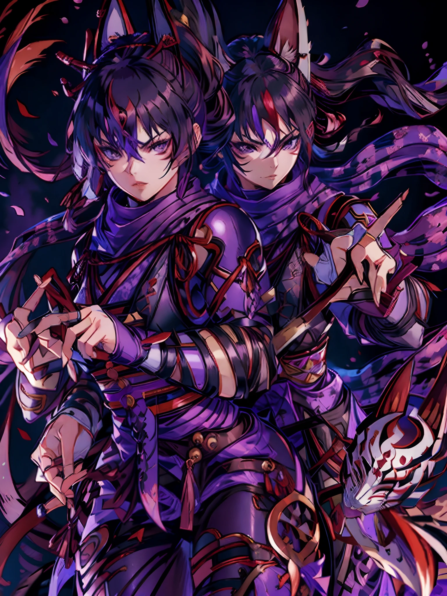 Kunimitsu, tekken 7, purple ninja robe, open hair, futuristic ninja,vfox festival mask,purple background