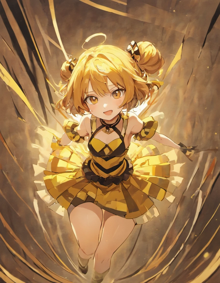 Girl with a square, rose hair, sinuous hair, Yellow biret with brown stripes, Bee antennas on the biret, yellow short dress with arms, Brown corset with golden clasp, straps from the corset, brown gloves, white shorts under the dress, Brown tights, Yellow boots with brown soles, white fluff on the neck, Bee wings, Bee sting.
