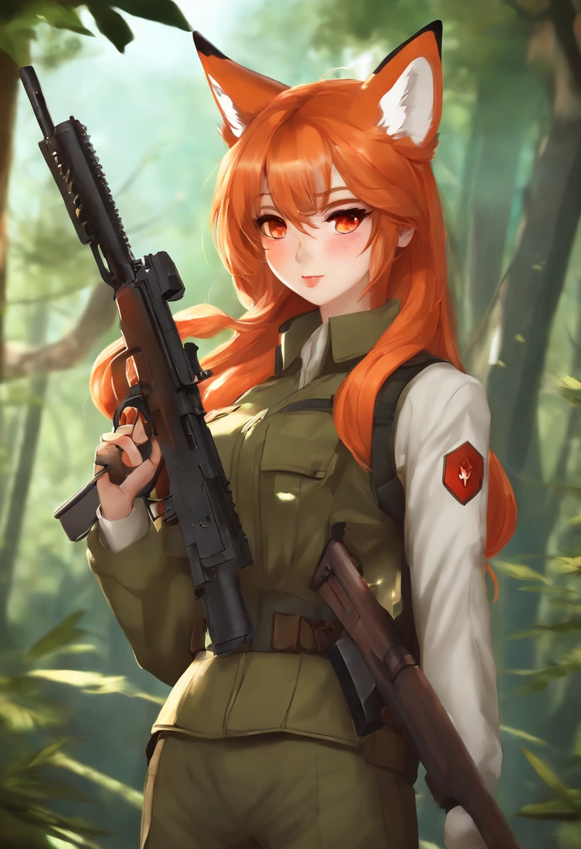 1girl, Ponytail ,long hair orange color, Fox Ear, red eyes, wearing military outfit, holding gun M82A1, Forest, absurdres, high res, ultrasharp, 8k, materpiece, looking at viewer