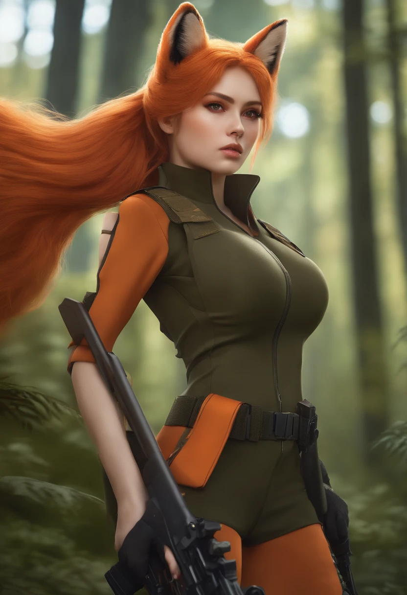 1girl, Ponytail ,long hair orange color, Fox Ear, red eyes, wearing military outfit, holding gun M82A1, Forest, absurdres, high res, ultrasharp, 8k, materpiece, looking at viewer