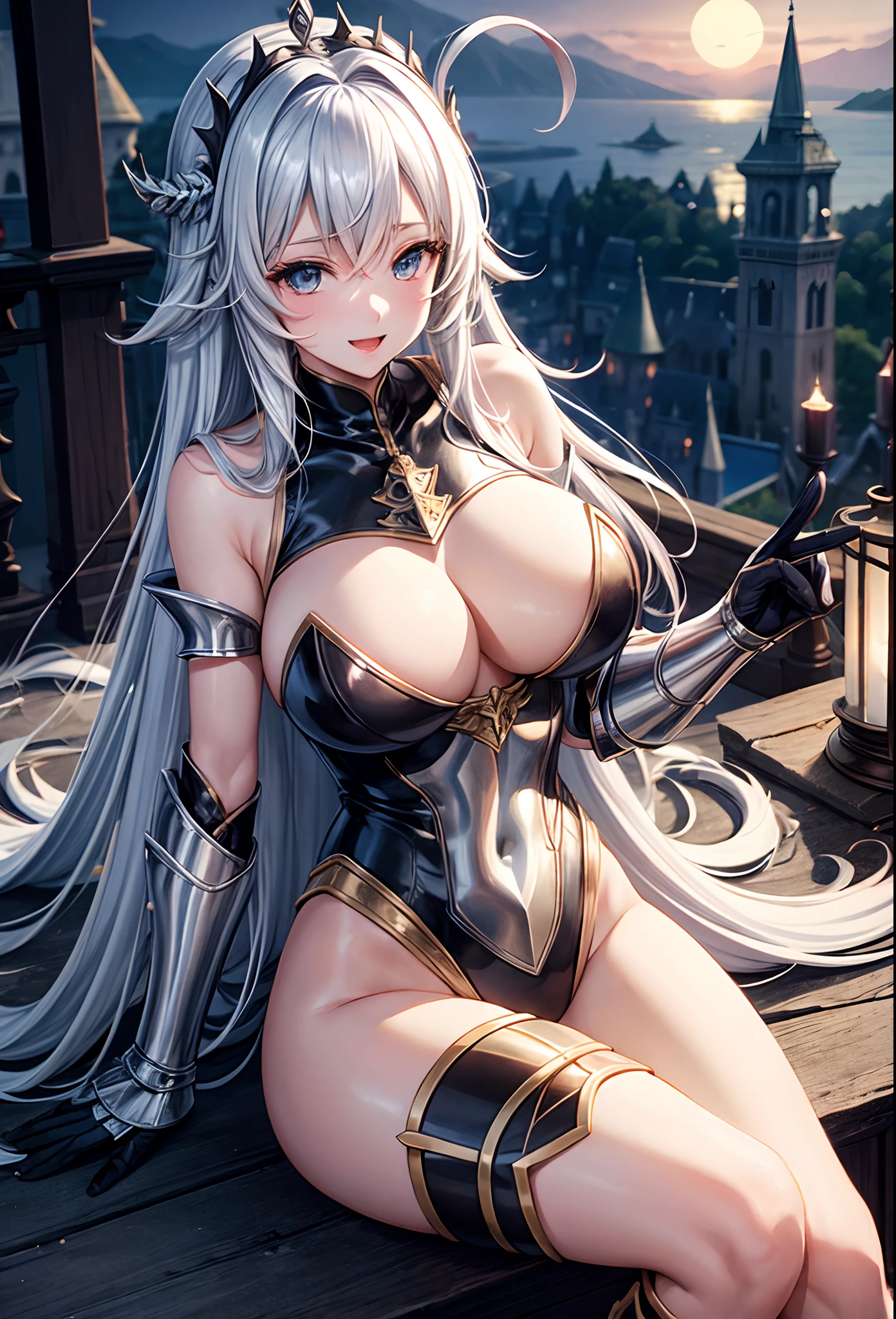 Woman knight、a beauty girl、huge tit、Excellent style、Nice Buddy、glamorous、leotard、s Armor、Bra chest armor、knee boots、gauntlets、hair adornments、silber hair、Longhaire、Ahoge、a medieval castle、is standing、full body seen、Outside the castle、Night view、a smile、slightly open mouth、Perched、legs crossed