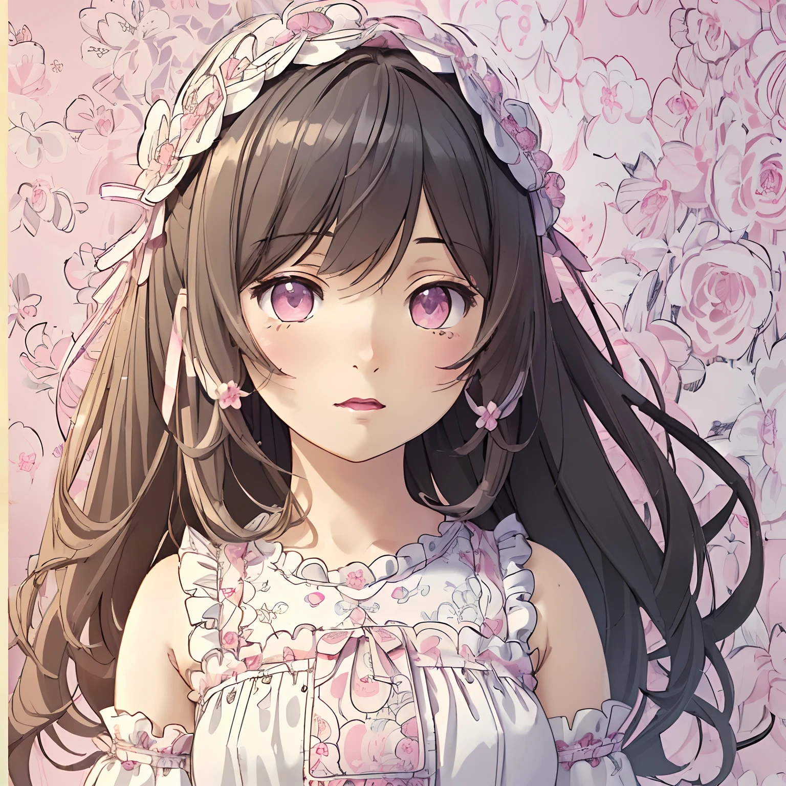 (masterpiece:1.2), (artwork:1.3), (amazing art:1.4), (best illustrator artist:1.3), (best luminosity), (best ultra-detailed, ultra-realistic, ultra-illustrated graphic:1.5), (chibi-cute+kawaii style:1.5) (kawaii cute best), (cute kawaii:1.2) 0.3), a cute  girl with medium dark blue hair, bright bright pearly pearly purple eyes bioluminescent luminecent, Blunt Bangs,wearing a cute pink dress with fluffy ruffles,  in one (extremely detailed CG unit wallpaper:1.8), of a very beautiful garden with amazing flowers in a beautiful and well-illustrated painting, cinematic lighting of cinema studios Paramount and Wit. 0.8]