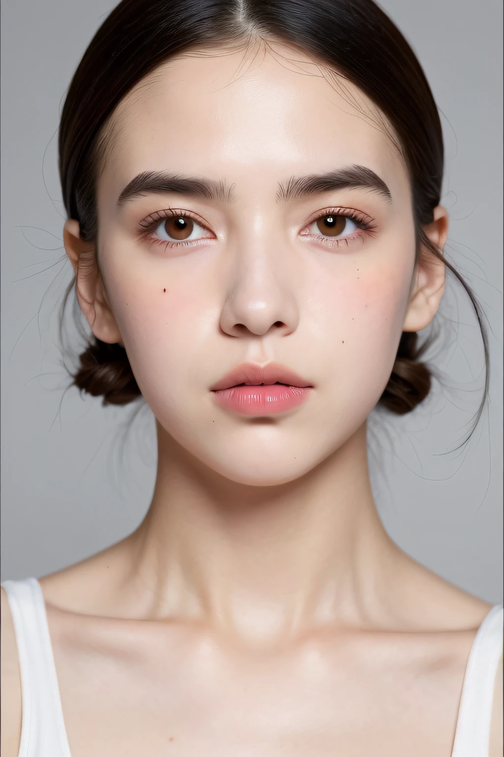 Un primer plano de una mujer con pecas en la cara, arte digital inspirado en Winona Nelson, Instagram, Arte digital, Cara perfecta ), Hermosos rasgos de cara fina, cara extremadamente hermosa, pale round face, cejas rectas gruesas y tupidas, Cara impecable, cara muy bonita, Linda cara fina, large cheekbones, hermosa fina - cara, Longer eyebrows, cara delgada, Dua Lipa