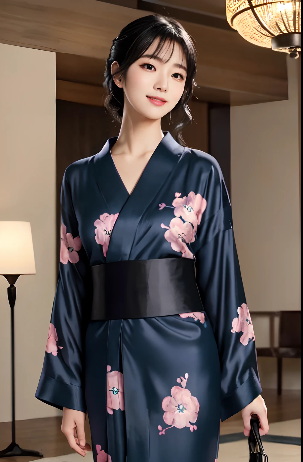 Indoor Luxury Room, 1 Female Solo Cowboy Shot, maturefemale /(Black medium hair/), Yukata Blue Cross, blush gentle smile, (masterpiece best quality:1.3) Delicate Illustration High Resolution Ultra Detail Perfect Face Beautiful Skin Big