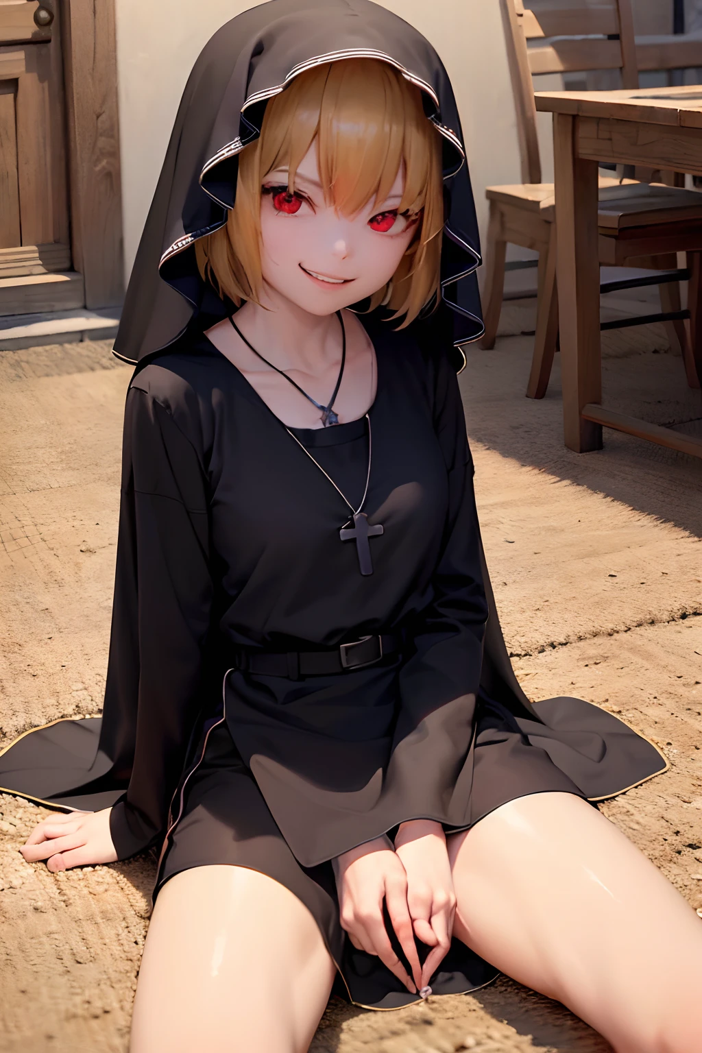 (​masterpiece、top-quality:1.2), cowboy  shot, 独奏, 1girll, clementine\(overload\), evil smile, Look at viewers, Hands together, Nun Hood, Nun costume, Cross Necklace, Light Shines on the Dark Church,Sit on the floor