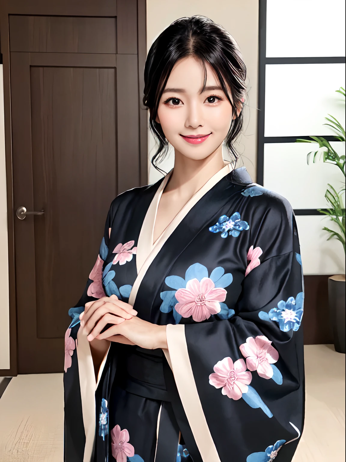 Indoor Luxury Room, 1 Female Solo Cowboy Shot, maturefemale /(Black medium hair/), Yukata Blue Cross, blush gentle smile, (masterpiece best quality:1.3) Delicate Illustration High Resolution Ultra Detail Perfect Face Beautiful Skin Big