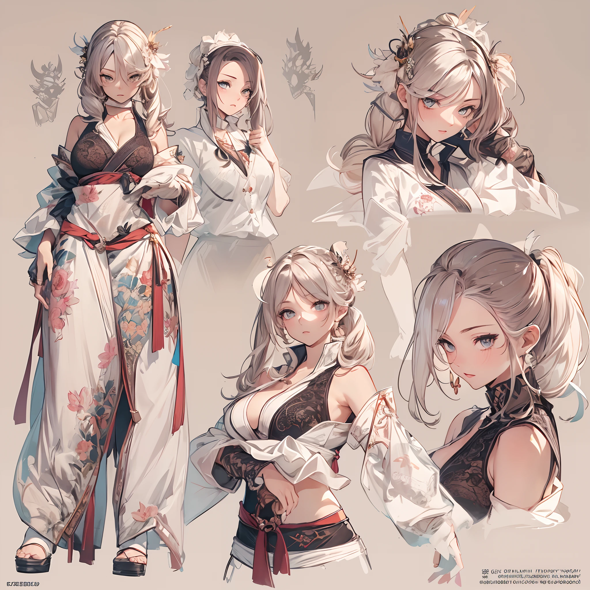 ((Masterpiece, Highest quality)), Detailed face, CharacterDesignSheet, full bodyesbian, Full of details, Multiple poses and expressions, Highly detailed, Depth, Many parts,Martial arts girl,double-ponytail,estilo fantasia,Extremely beautiful,High Balance, Natural light, Lace,lacepantyhose,Sunny décor