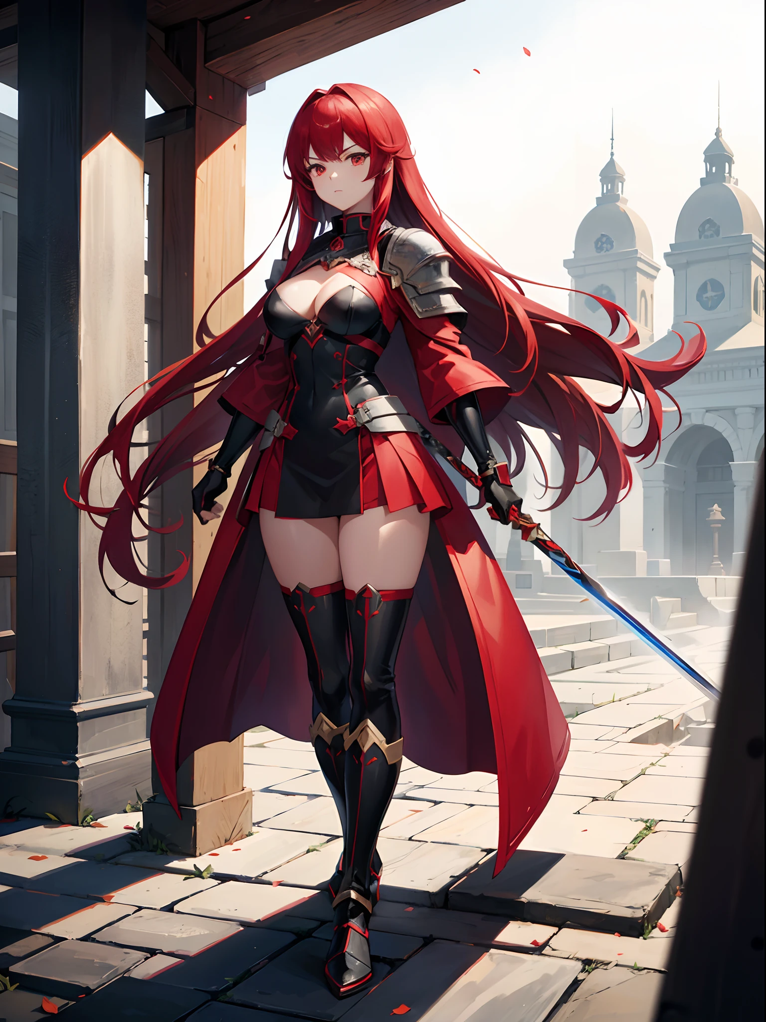 woman, solo, full body, standing, redhead, medium breasts, medieval micro armor, no panties, , naked pussy, exposed crotch, hairy vagina, extremely hairy pussy, dripping vagina, vaginal juices, public indecency, legs apart, anatomically perfect, hentai, nfsw