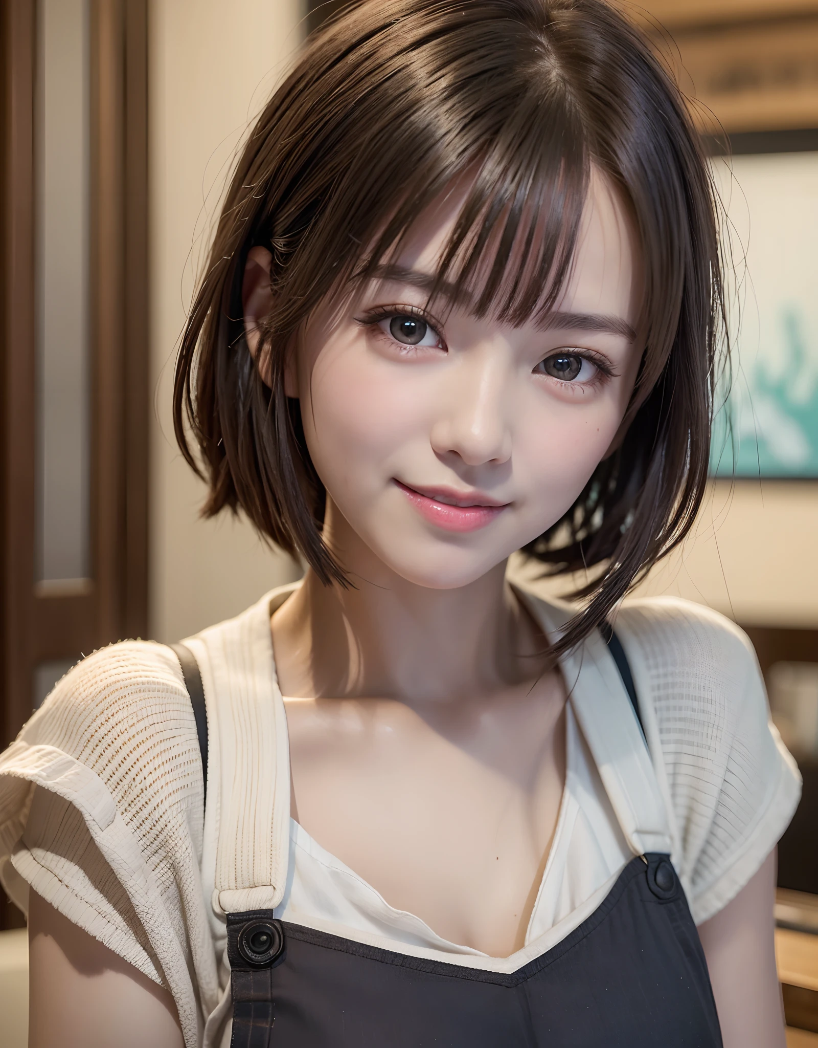 top-quality、8K Masterpiece、超A high resolution、(Photorealsitic:1.3)、Raw photo、女の子1人、Short bob hair、glowy skin、Cafe Clerk、Stylish、Cute apron、((super realistic details))、portlate、globalillumination、octan render、in 8K、ultrasharp、highly intricate detail、Realistic light、CGSoation Trends、beautidful eyes、radiant eyes、Facing the camera、Spiteful smile