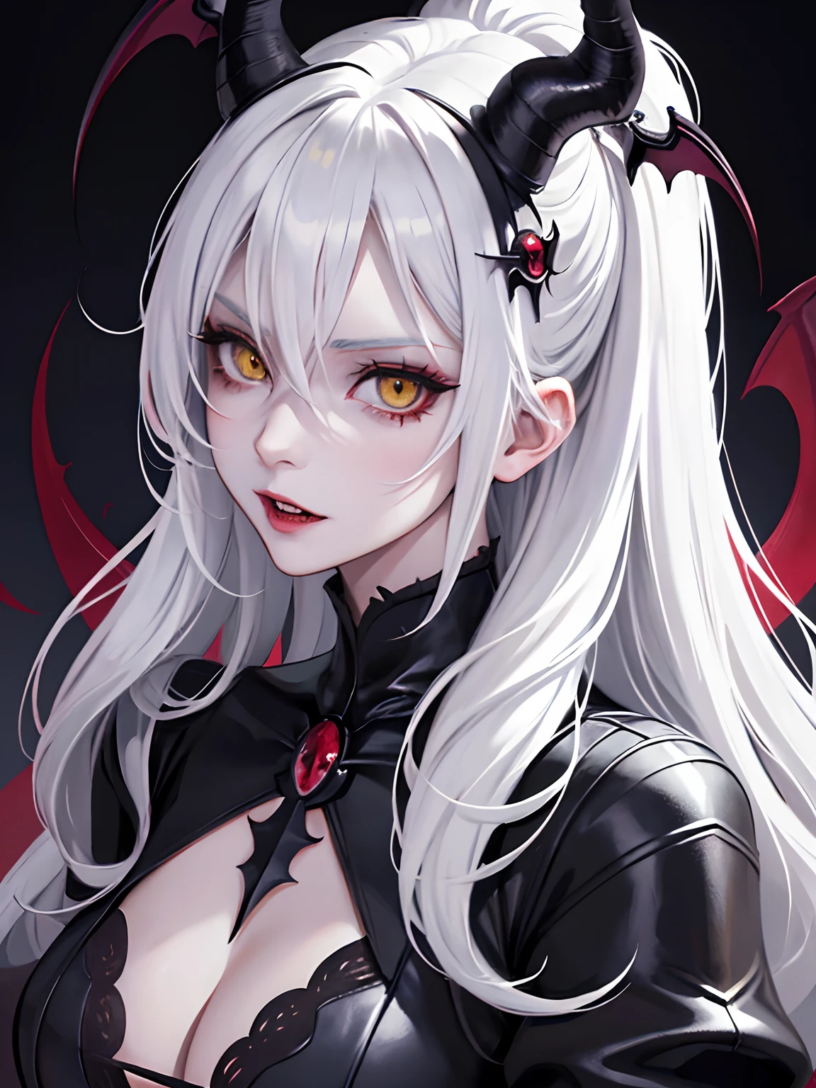 ((masterpiece, best quality)), (1girl, anime girl in the dark castle hall),(mature, devil horn), (solo), (female focus), (white hair, messy hair), yellow eyes, ((vampire)),yandere, evil, portraits, close up, upper body
