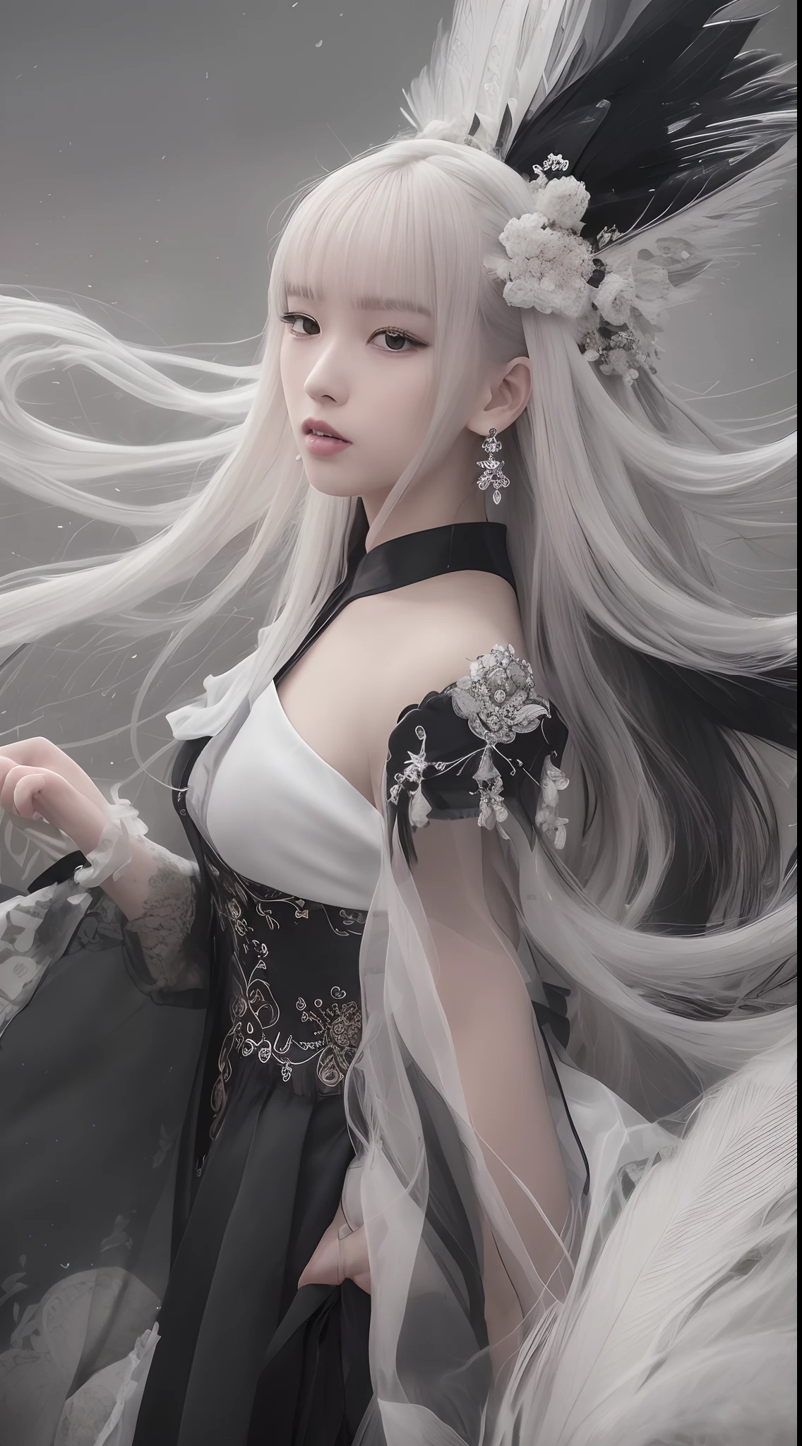(Best quality,4K,high resolution,Masterpiece:1.2), Ultra-detailed, Photorealistic, Black and white hanfu with black embroidery, Elegant white ponytail, long and flowing hair, White mask, The mask flutters in the wind, Fringed Hair Ornament, Peony flower, Ancient wind, oversized sleeves, Dynamic posing, Dramatic composition, Falling petals, red waistband, intricate background, Ancient architecture, A thin mist and thick clouds, Swirling clouds, Cinematic lighting, Complex feather background.