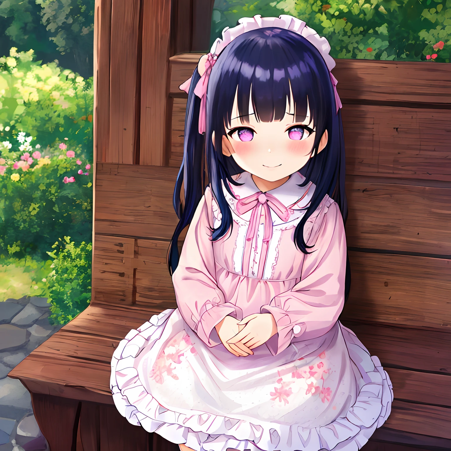 srs masterpiece best quality ultra-detailed finely detail highres ((little female child)) two side up long dark blue hair pink ribbon white dress lace-trimmed embroidery long sleeves blush embarrassed smile purple eyes sitting on side english floral garden, Blunt Bangs