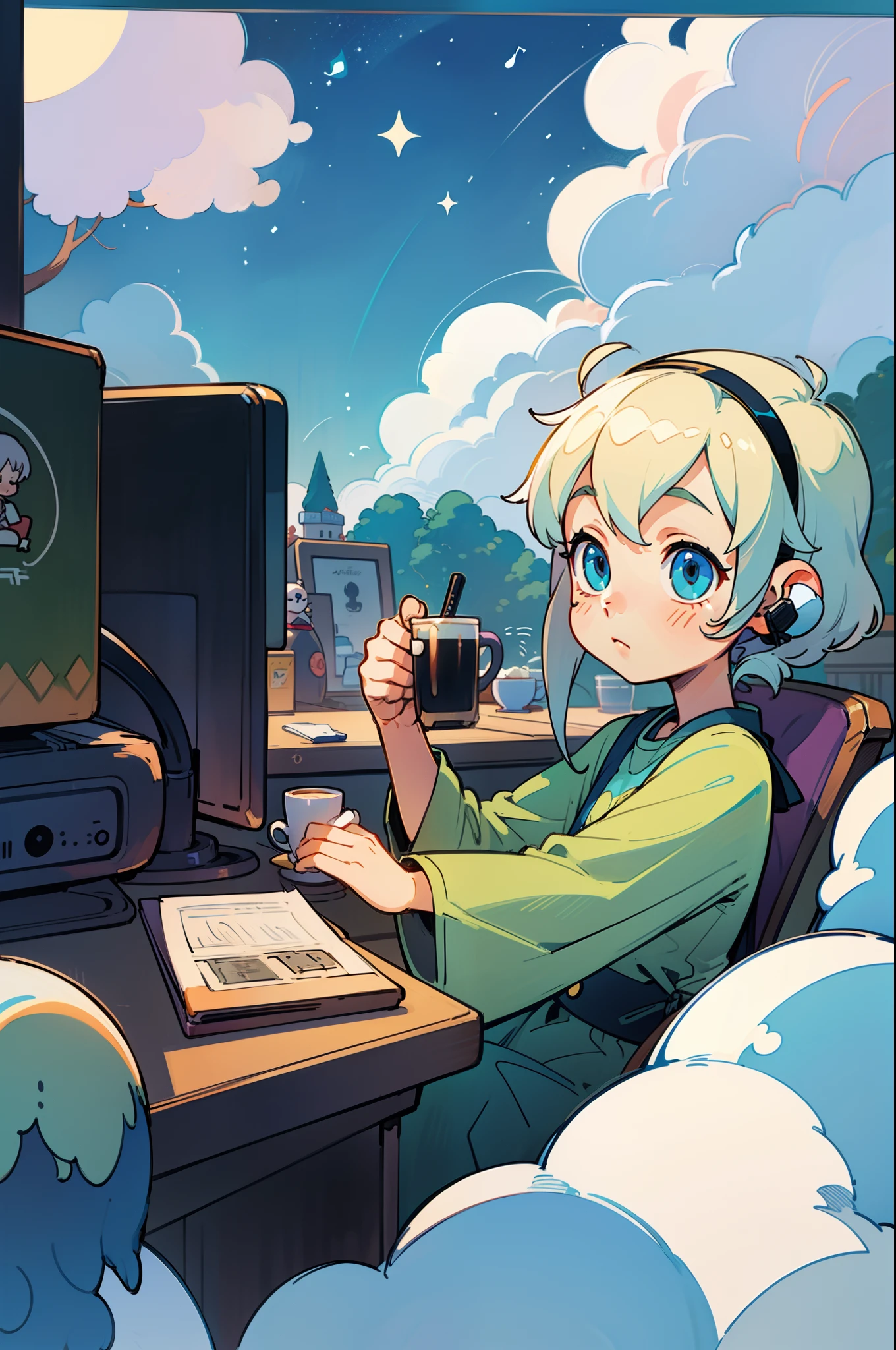 Seated child, Computer equipment、 Sitting girl、Wear headphones、Ghibli style、Cafe-like atmosphere、There is a mug on the table.、Detailed drawings、hightquality、Enjoy music、Anime that suits jazz、illustratio,Calm café、natta、starrysky