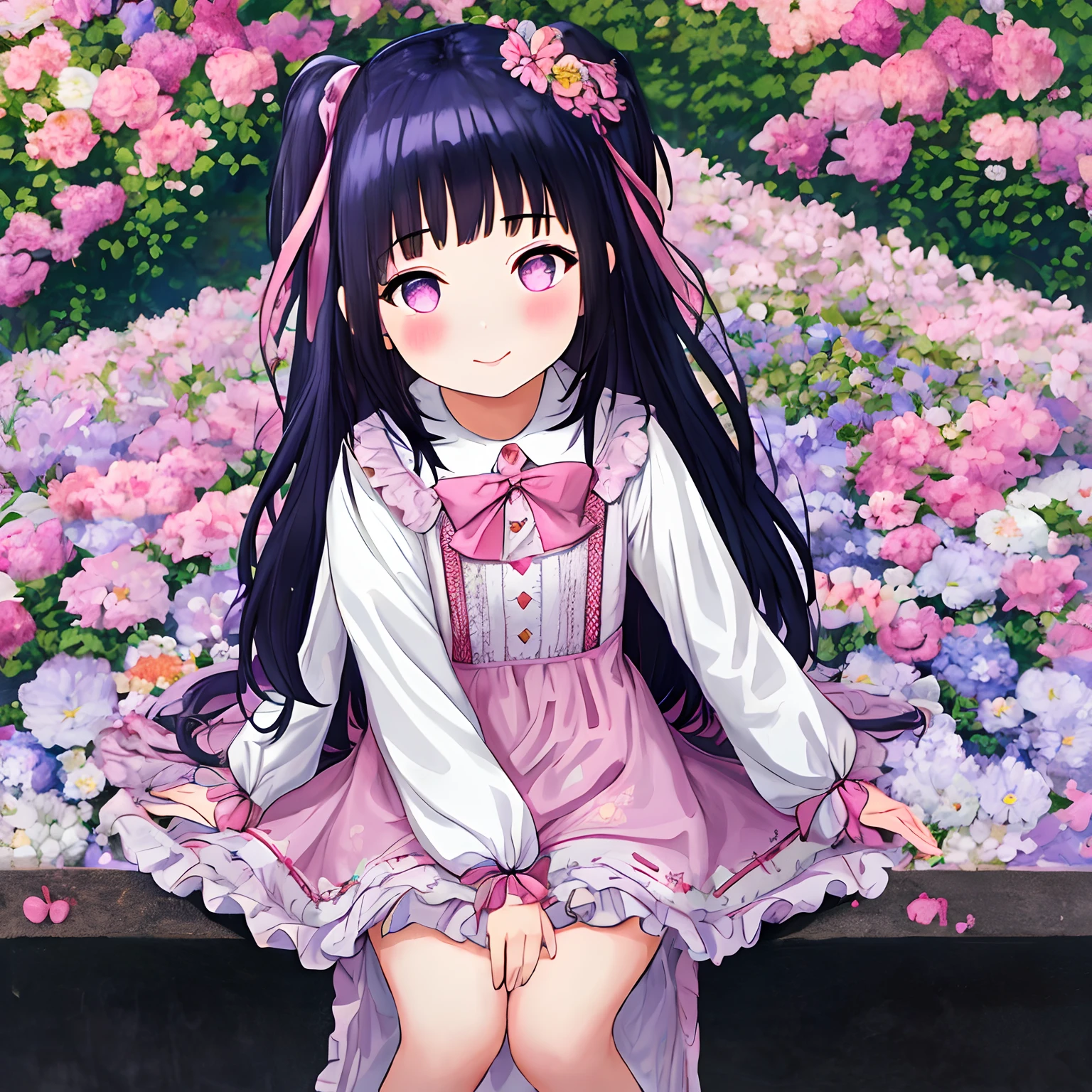 srs masterpiece best quality ultra-detailed finely detail highres ((little female child)) two side up long dark blue hair pink ribbon white dress lace-trimmed embroidery long sleeves blush embarrassed smile purple eyes sitting on side english floral garden, Blunt Bangs