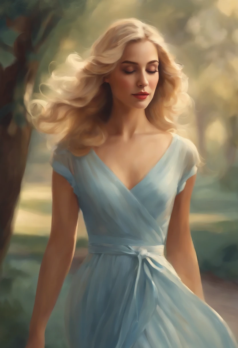 Illustration young woman walking, blonde hair, blue bow in hair, hair down to the back, vestido azul simples, vestido bonito, vestido azul, andar confuso, perdido, perdida), (soft pastel colors), (soft natural lighting), Illustration blonde woman, European traits, vestido vintage, andando pelo jardim, perdida no jardim, passeando jardim
