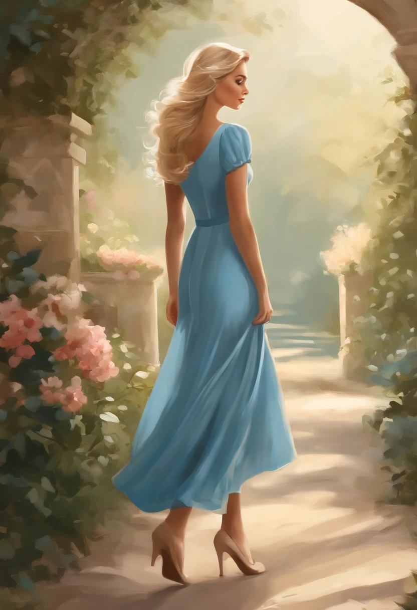 Illustration young woman walking, blonde hair, blue bow in hair, hair down to the back, vestido azul simples, vestido bonito, vestido azul, andar confuso, perdido, menina perdida), (soft pastel colors), (soft natural lighting), Illustration blonde woman, European traits, vestido vintage, andando pelo jardim, perdida no jardim, passeando jardim