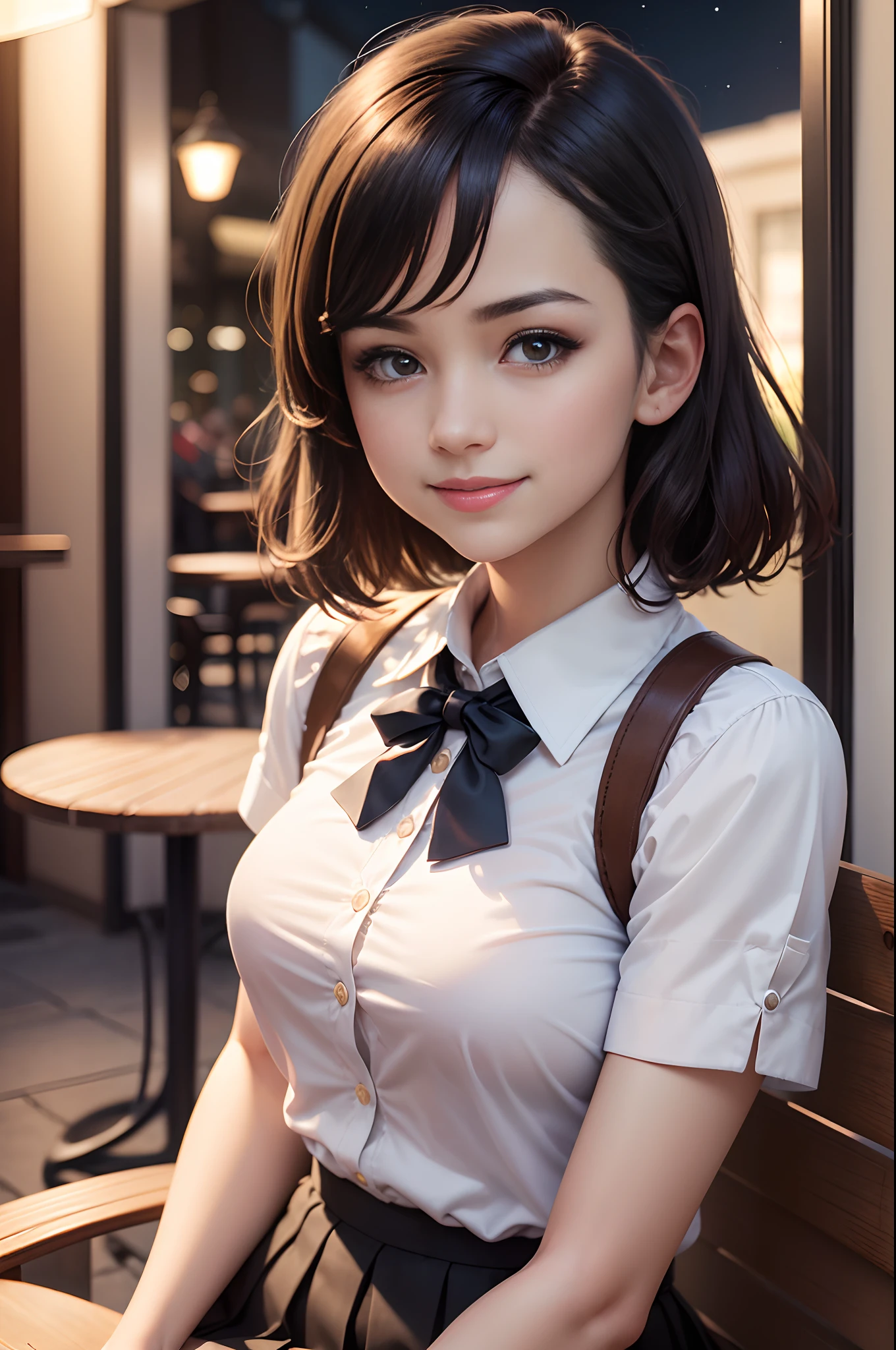 8K, Raw photo, Best Quality, masutepiece: 1.2), (Realistic, Photorealsitic: 1.37), Ultra-detailed, 1 schoolgirl, Beautiful, Solo, Beautiful detailed sky, Detailed Coffee, Night, Sitting, (Flushed nose), (Smile: 1.1), long brown hair　medium breasts, Beautiful detailed eyes, (Collared shirt: 1.1), a bow tie, Pleated skirt, (Short hair: 1.2), Long hair, 　Beautiful expression　超A high resolution　real looking skin