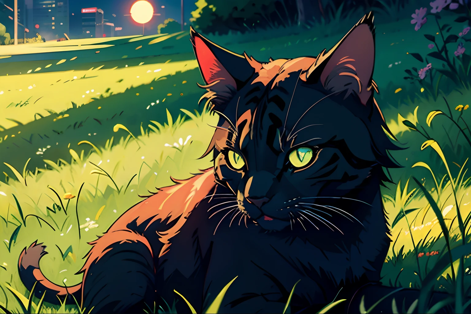 neon, (cyberpunk:0.1), cat, sleeping, grass, strong sun, cold day,